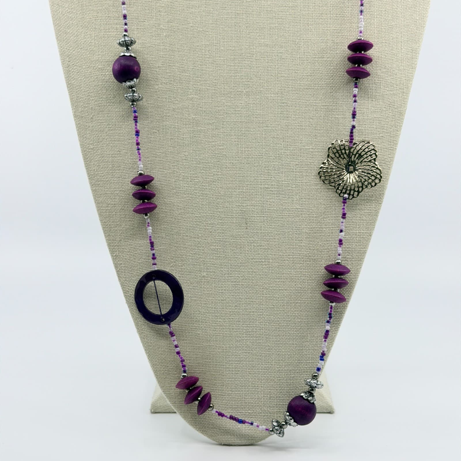 Vintage Purple Mixed Media Long Station Necklace Silver Flower Boho Statement - Thumbnail 2