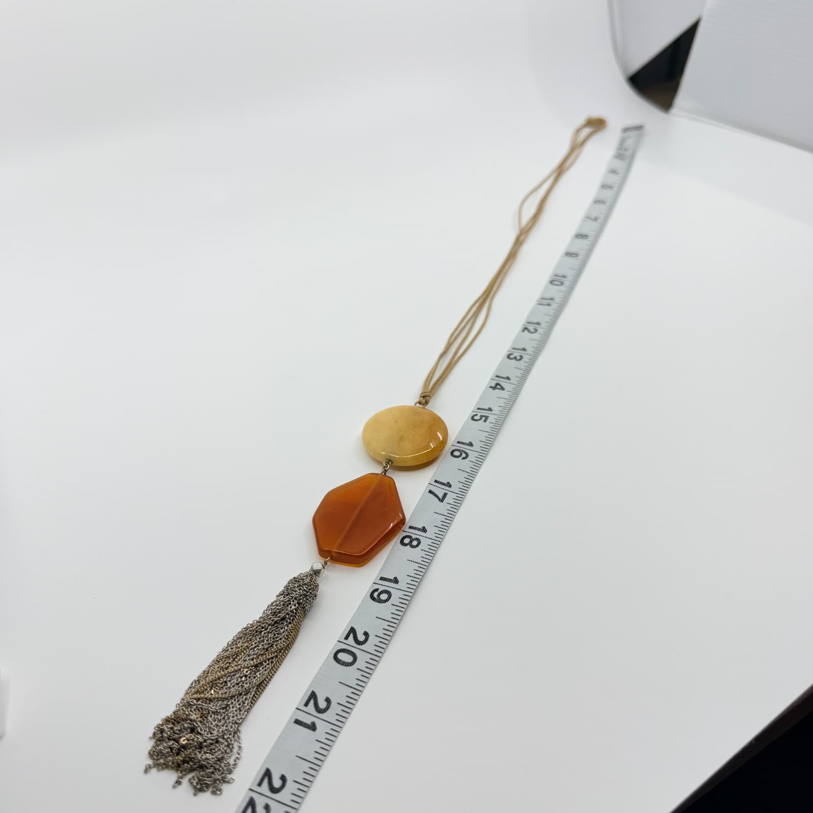 Vintage Tan Cord Orange Stone Resin Pendant Necklace Silver Tassel Boho Artsy - Thumbnail 6