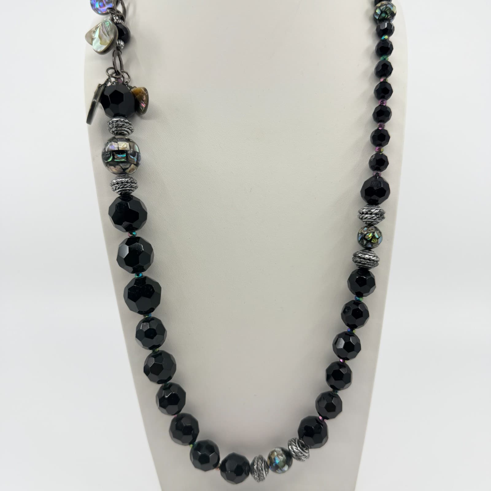 Vintage Black Faceted Beaded Necklace Iridescent Inlay Statement Chunky Boho - Thumbnail 5