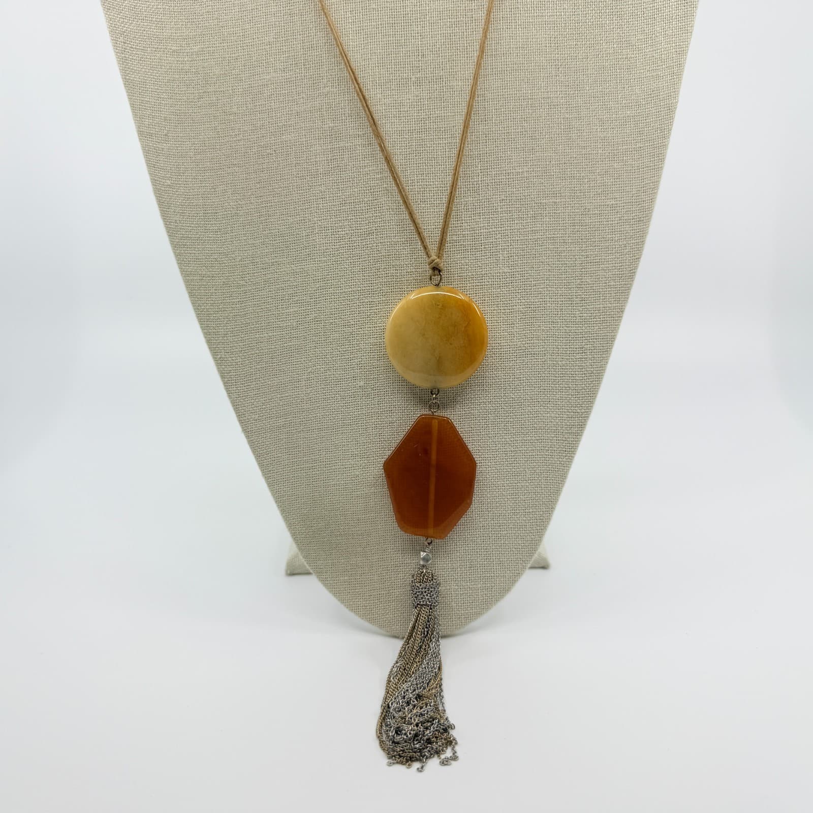 Vintage Tan Cord Orange Stone Resin Pendant Necklace Silver Tassel Boho Artsy - Thumbnail 3