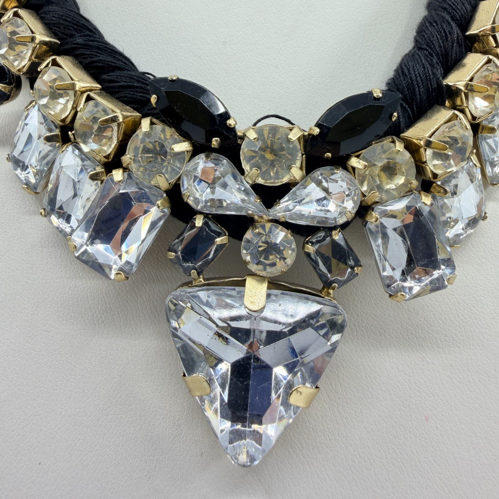 Vintage Black Braided Rope Bib Necklace Clear Black Crystal Rhinestone Statement - Thumbnail 2