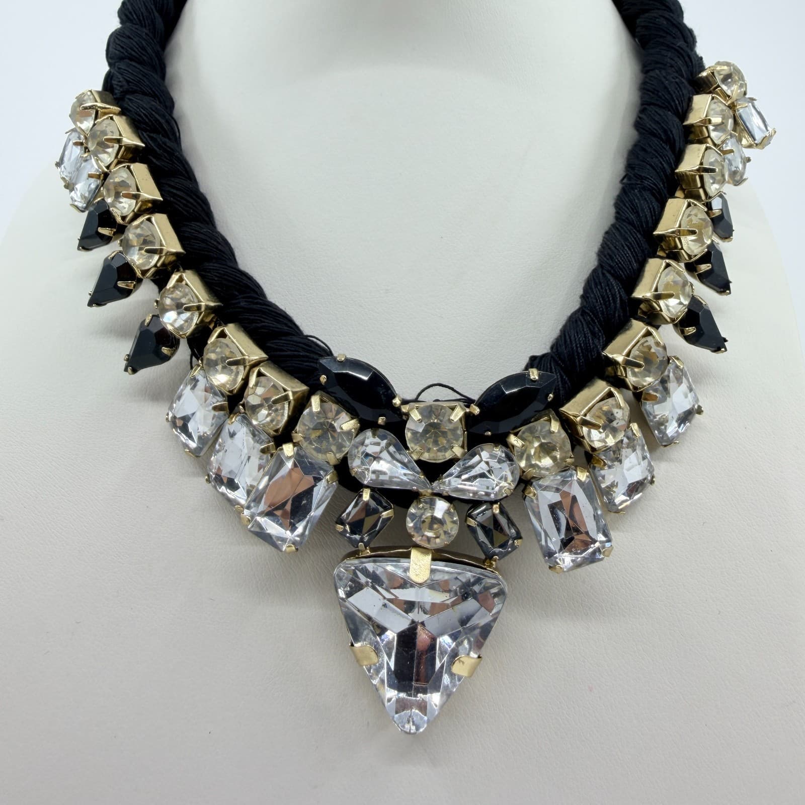 Vintage Black Braided Rope Bib Necklace Clear Black Crystal Rhinestone Statement - Thumbnail 3