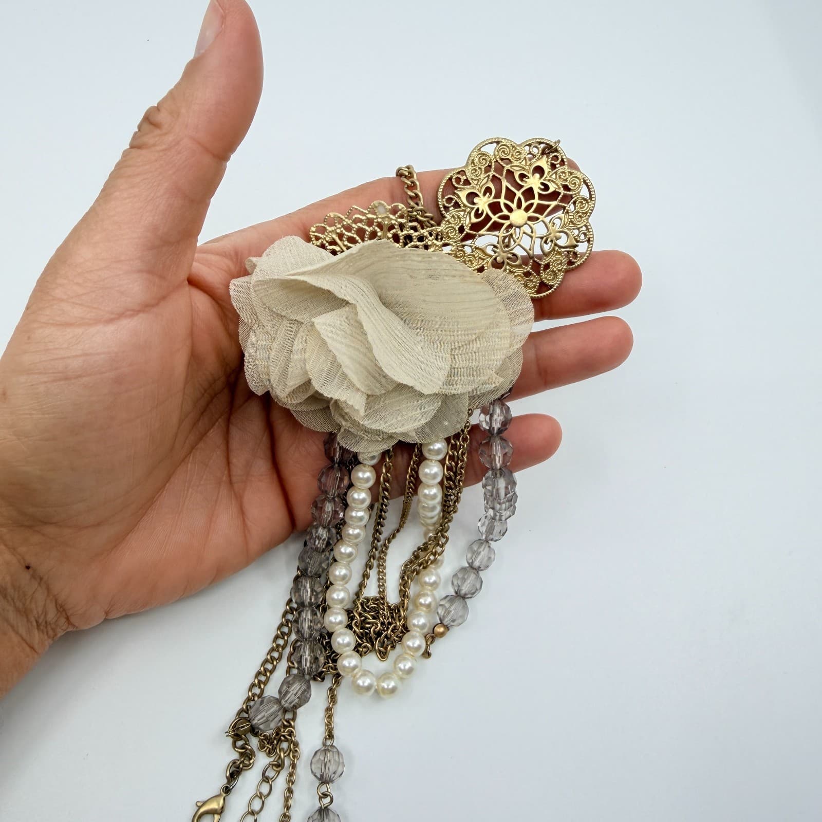 Vintage Gold Tone Multi Strand Statement Necklace Chiffon Flower Faux Pearl Y2K - Thumbnail 11