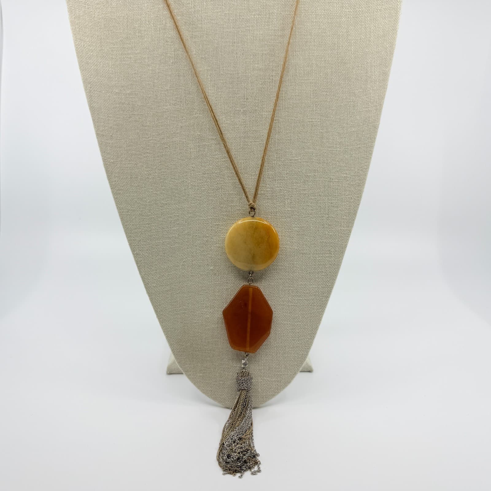 Vintage Tan Cord Orange Stone Resin Pendant Necklace Silver Tassel Boho Artsy - Thumbnail 4