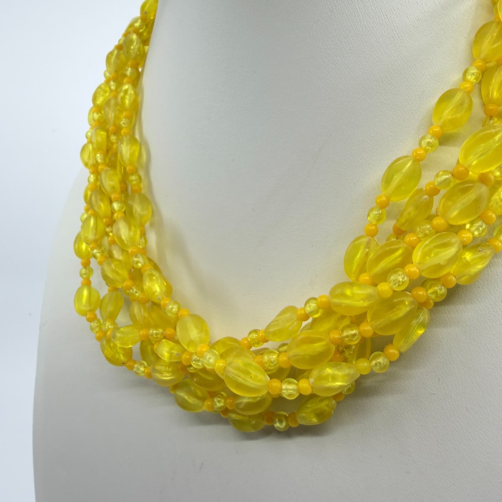 Vintage Yellow Acrylic Bead Multi Strand Necklace Chunky Statement Boho Chic - Thumbnail 6
