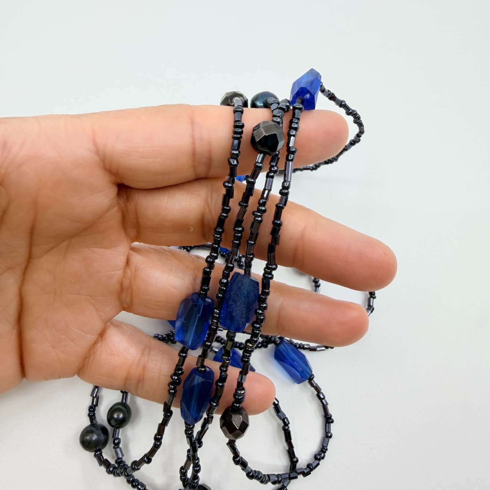 Vintage Black Seed Bead Double Strand Necklace Blue Crystal Black Pearl Accents - Thumbnail 7
