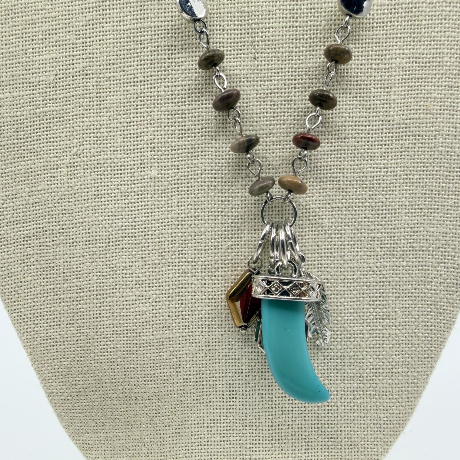 Vintage Silver Tone Boho Tribal Faux Turquoise Tooth Pendant Feather Bead Retro - Thumbnail 5