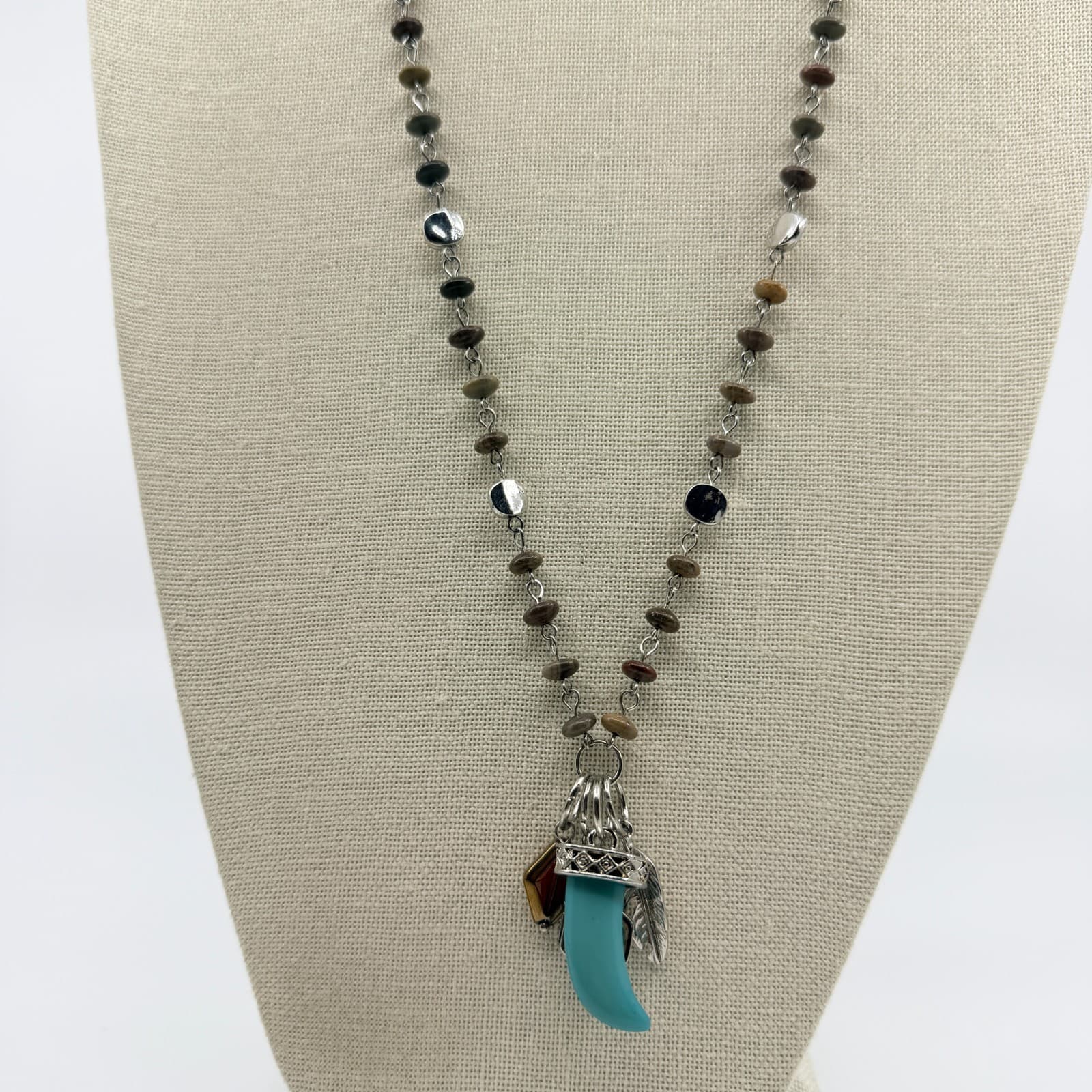 Vintage Silver Tone Boho Tribal Faux Turquoise Tooth Pendant Feather Bead Retro - Thumbnail 2