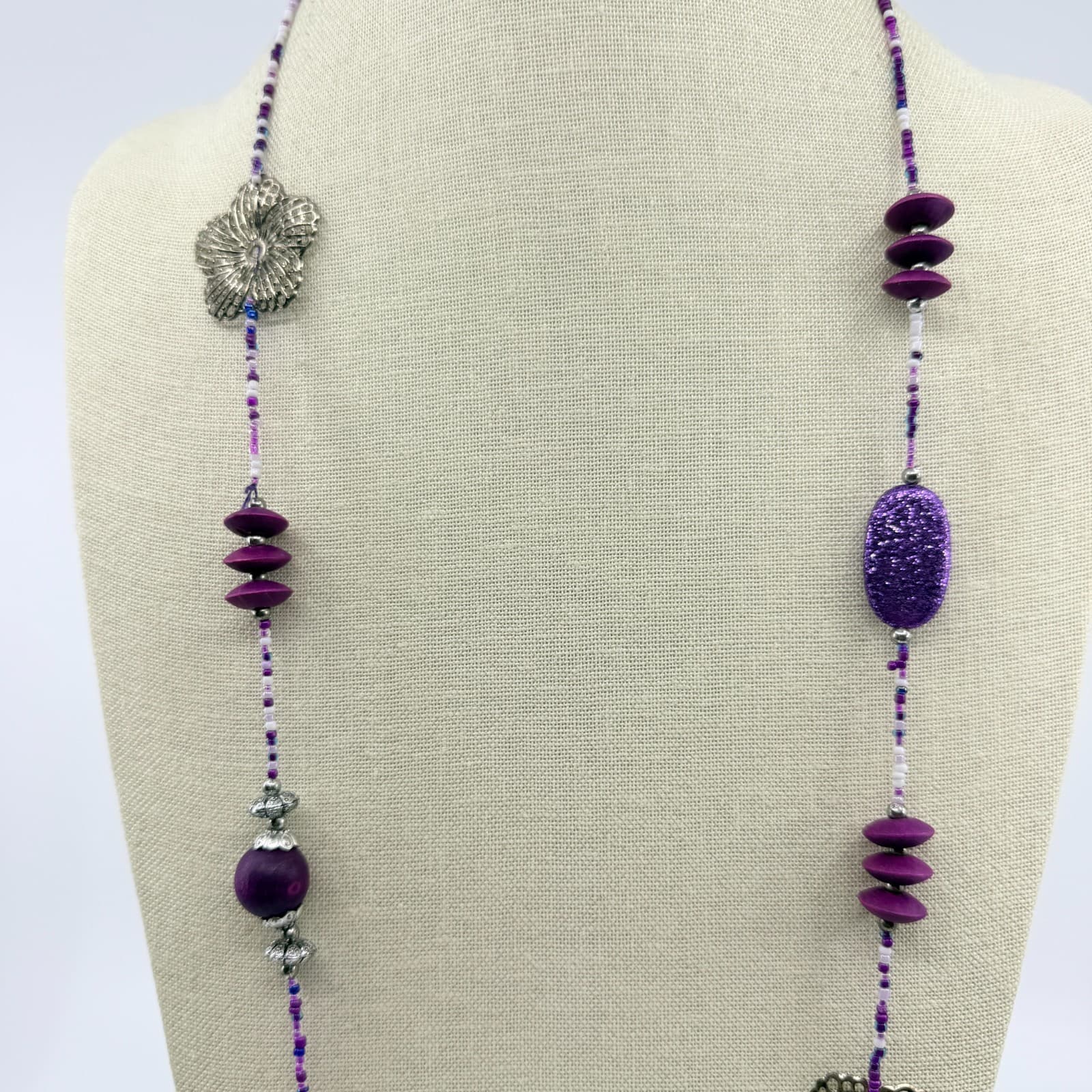 Vintage Purple Mixed Media Long Station Necklace Silver Flower Boho Statement - Thumbnail 6