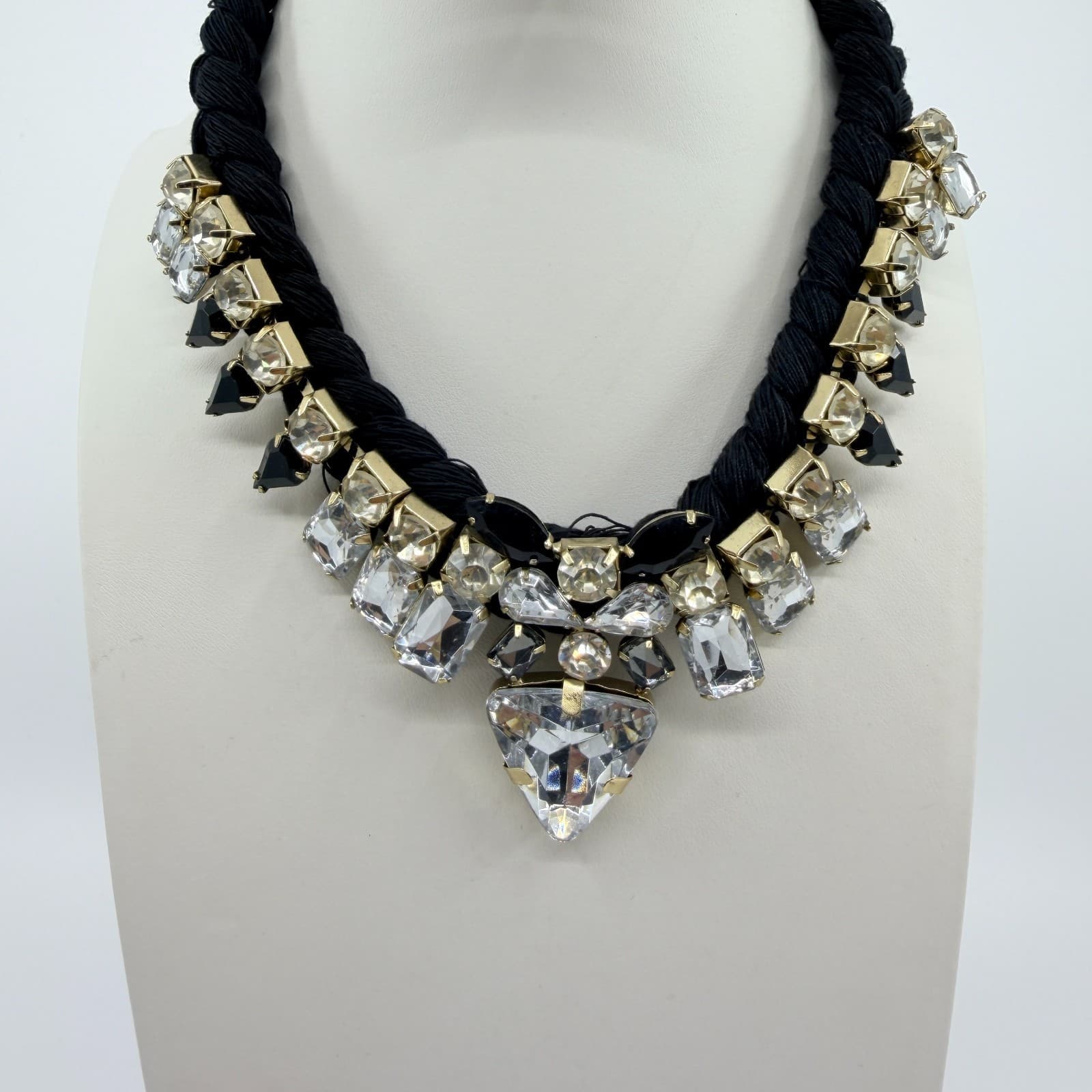 Vintage Black Braided Rope Bib Necklace Clear Black Crystal Rhinestone Statement - Thumbnail 4
