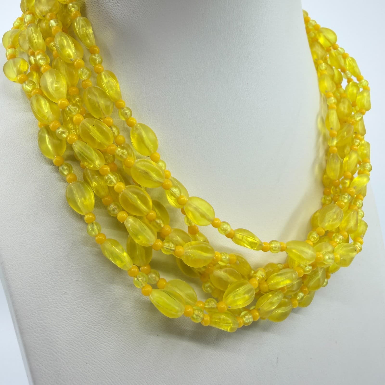 Vintage Yellow Acrylic Bead Multi Strand Necklace Chunky Statement Boho Chic - Thumbnail 5
