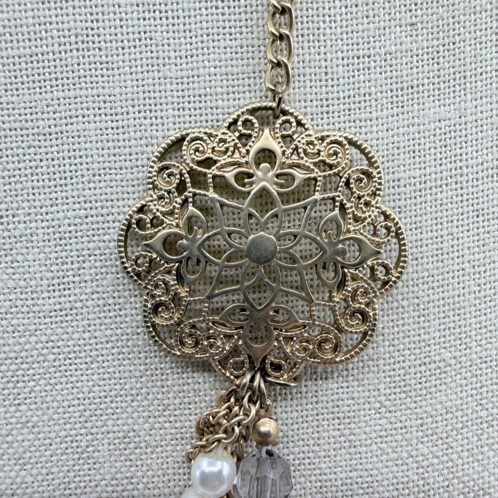 Vintage Gold Tone Multi Strand Statement Necklace Chiffon Flower Faux Pearl Y2K - Thumbnail 8
