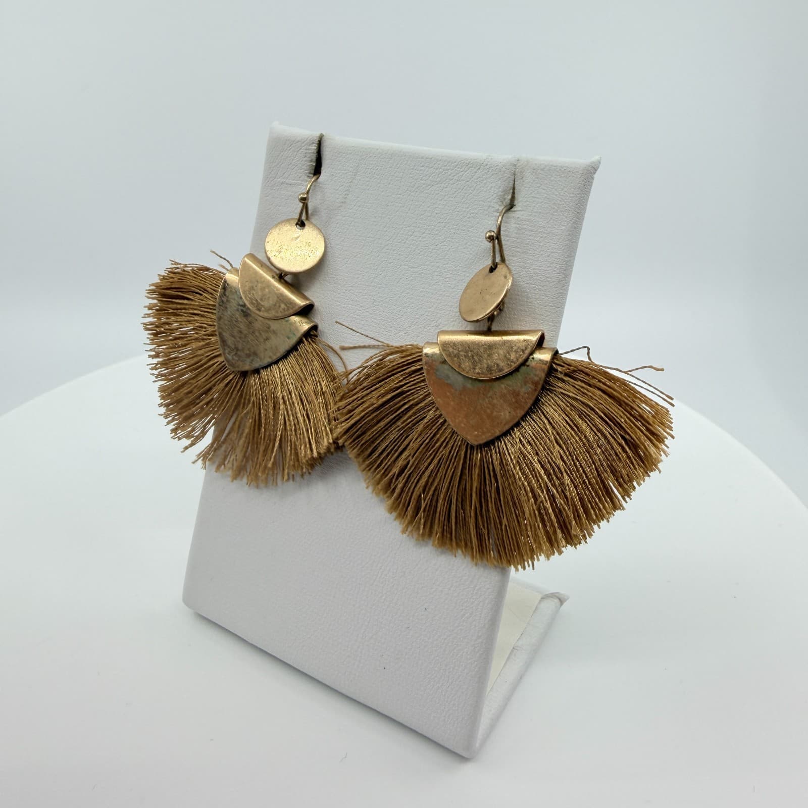 Vintage Gold Tone Tassel Fan Drop Earrings Large Statement Boho Geometric 90s - Thumbnail 4