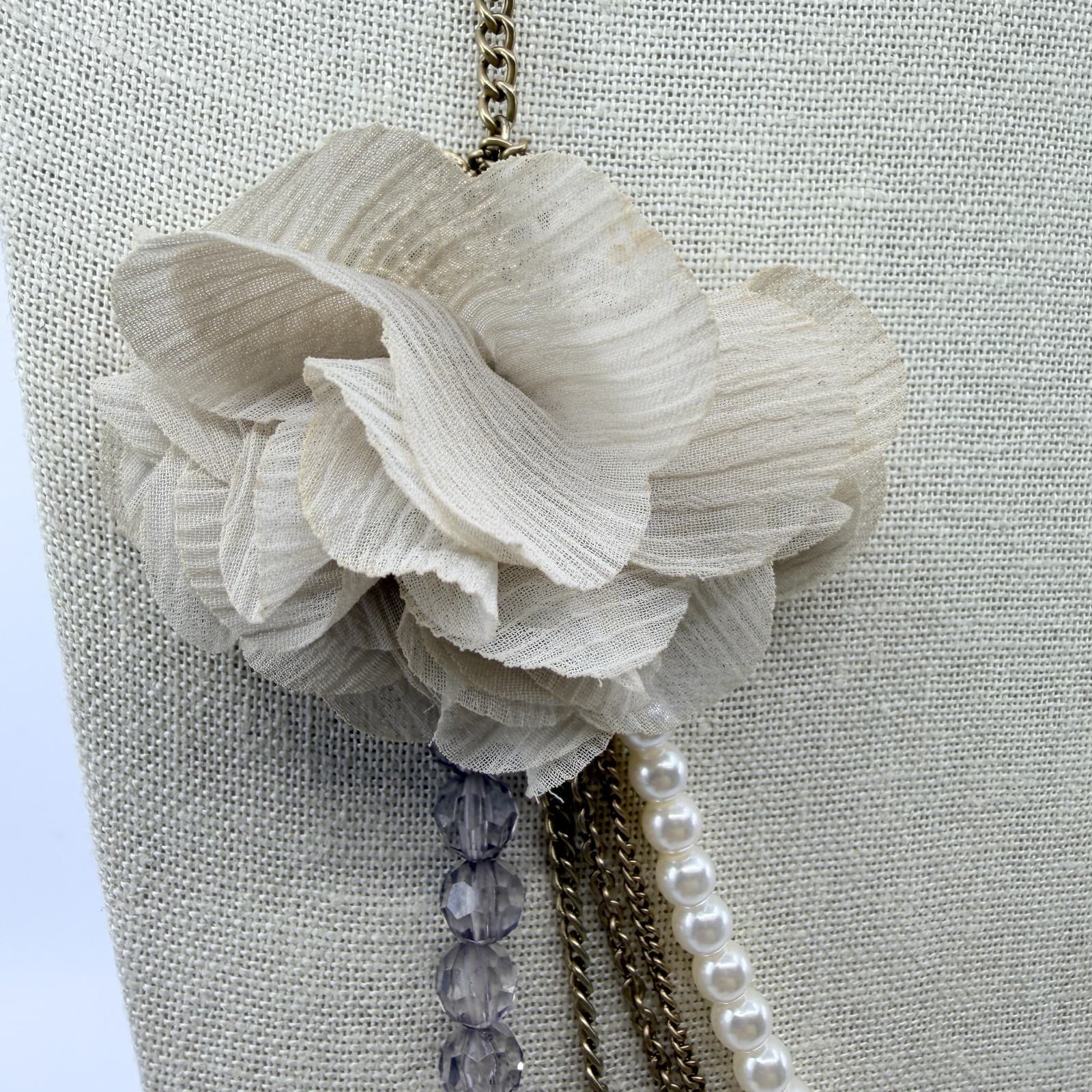 Vintage Gold Tone Multi Strand Statement Necklace Chiffon Flower Faux Pearl Y2K - Thumbnail 7