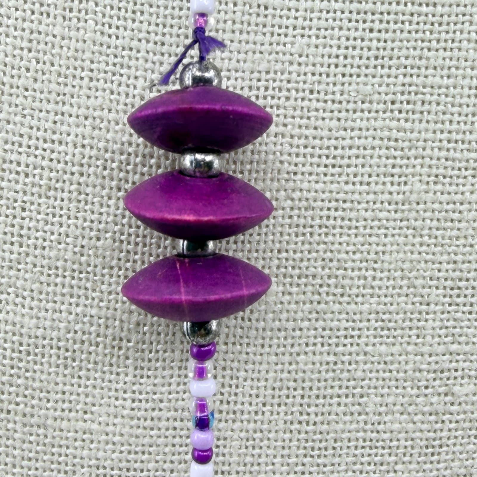Vintage Purple Mixed Media Long Station Necklace Silver Flower Boho Statement - Thumbnail 4