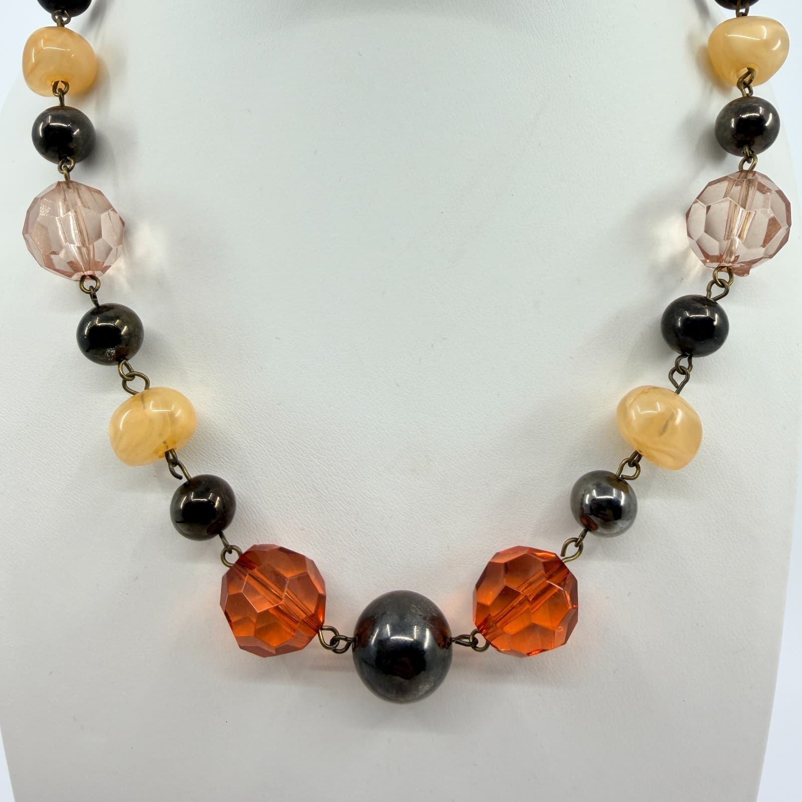 Vintage Earth Tone Beaded Necklace Faceted Amber Brown Minimalist Statement Boho - Thumbnail 2