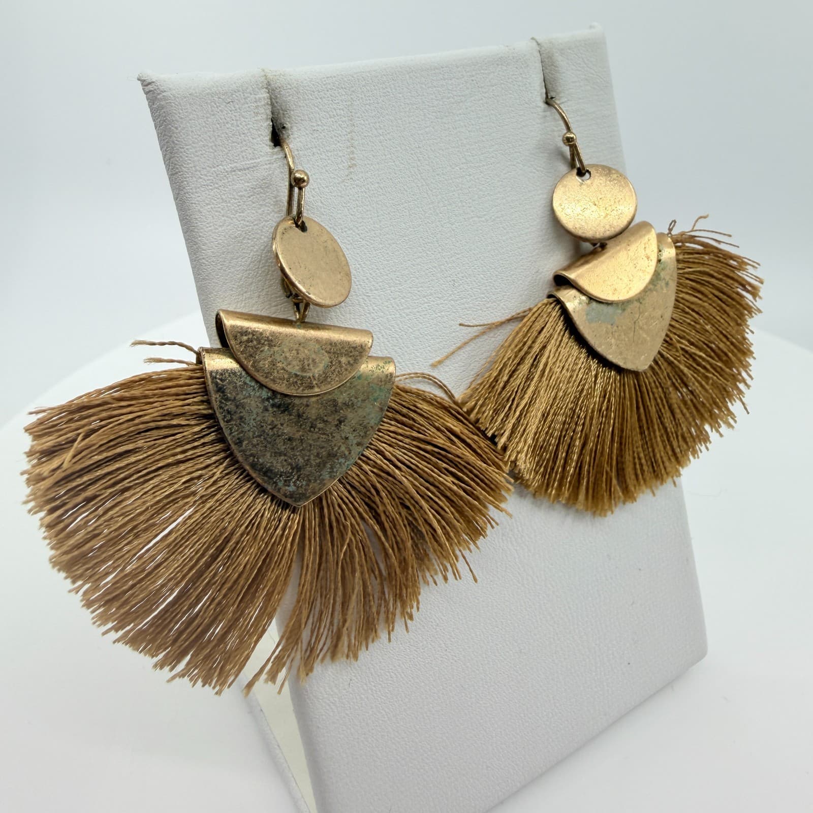 Vintage Gold Tone Tassel Fan Drop Earrings Large Statement Boho Geometric 90s - Thumbnail 2