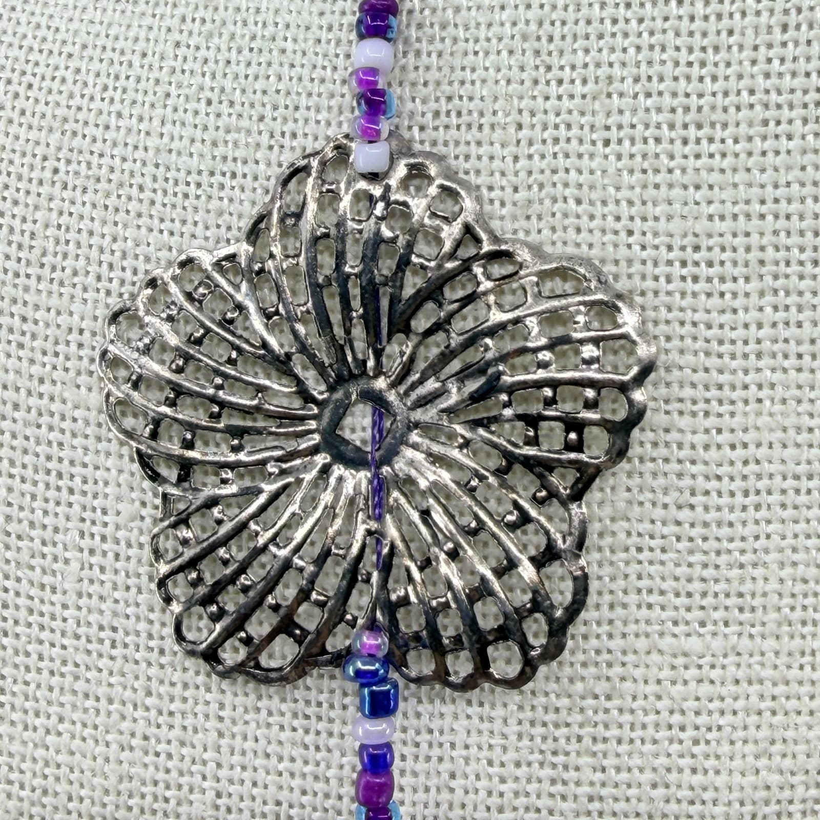 Vintage Purple Mixed Media Long Station Necklace Silver Flower Boho Statement - Thumbnail 5