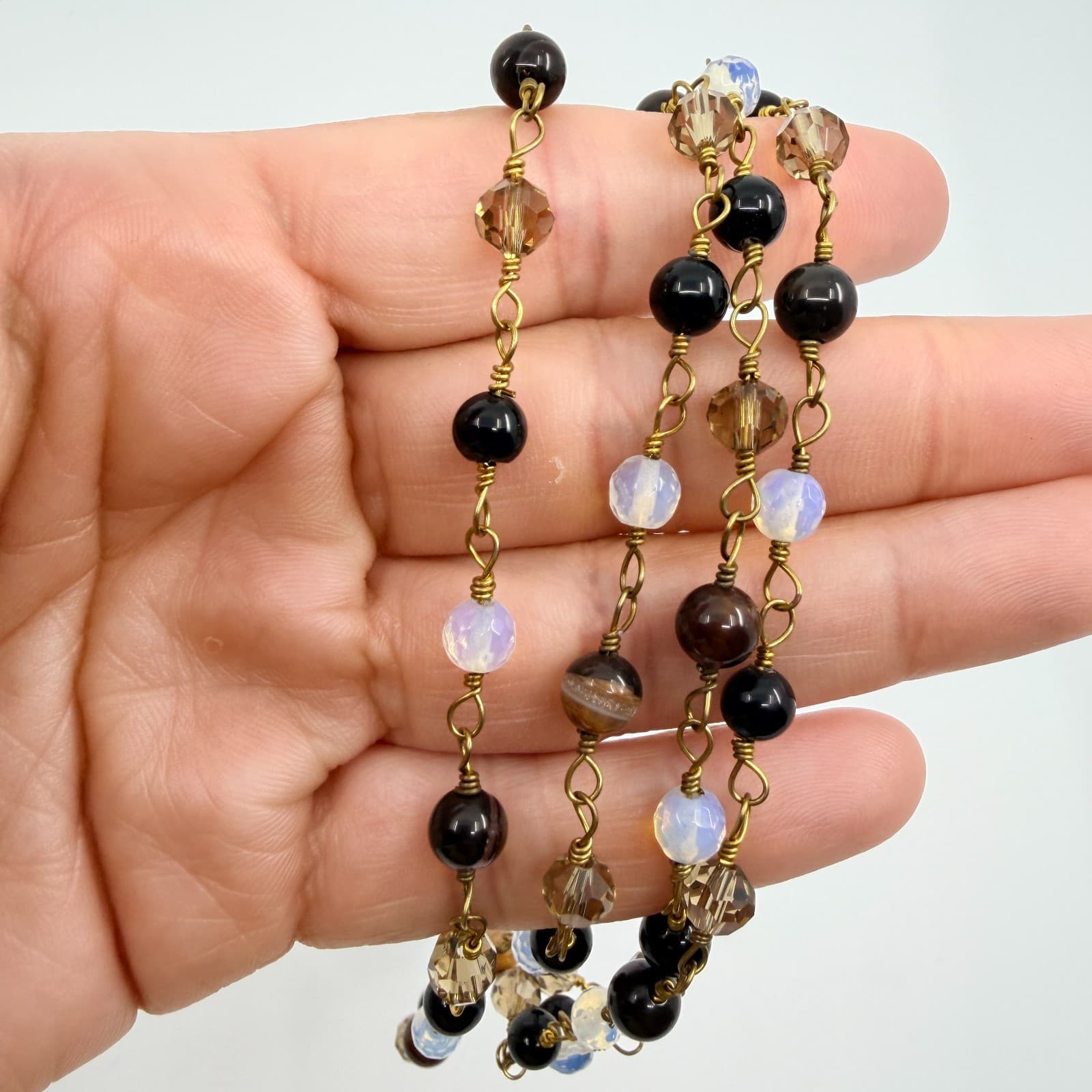 Vintage Gold Tone Multi Strand Beaded Necklace Faux Tiger Eye Opalite Stone Y2K - Thumbnail 8