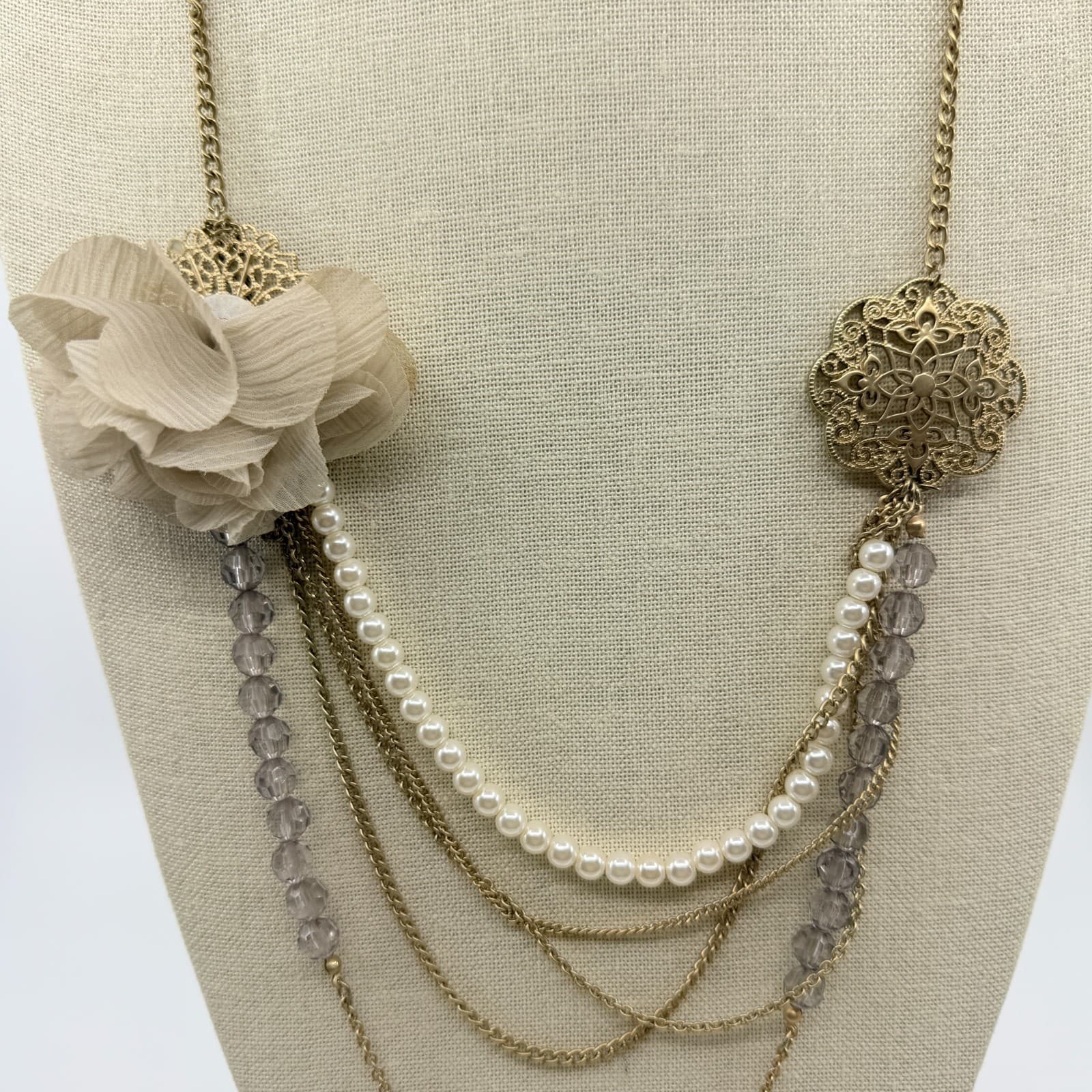Vintage Gold Tone Multi Strand Statement Necklace Chiffon Flower Faux Pearl Y2K - Thumbnail 6