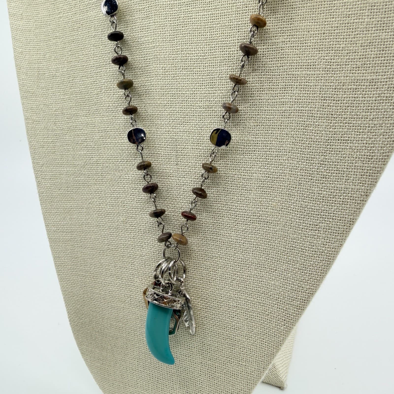 Vintage Silver Tone Boho Tribal Faux Turquoise Tooth Pendant Feather Bead Retro - Thumbnail 7