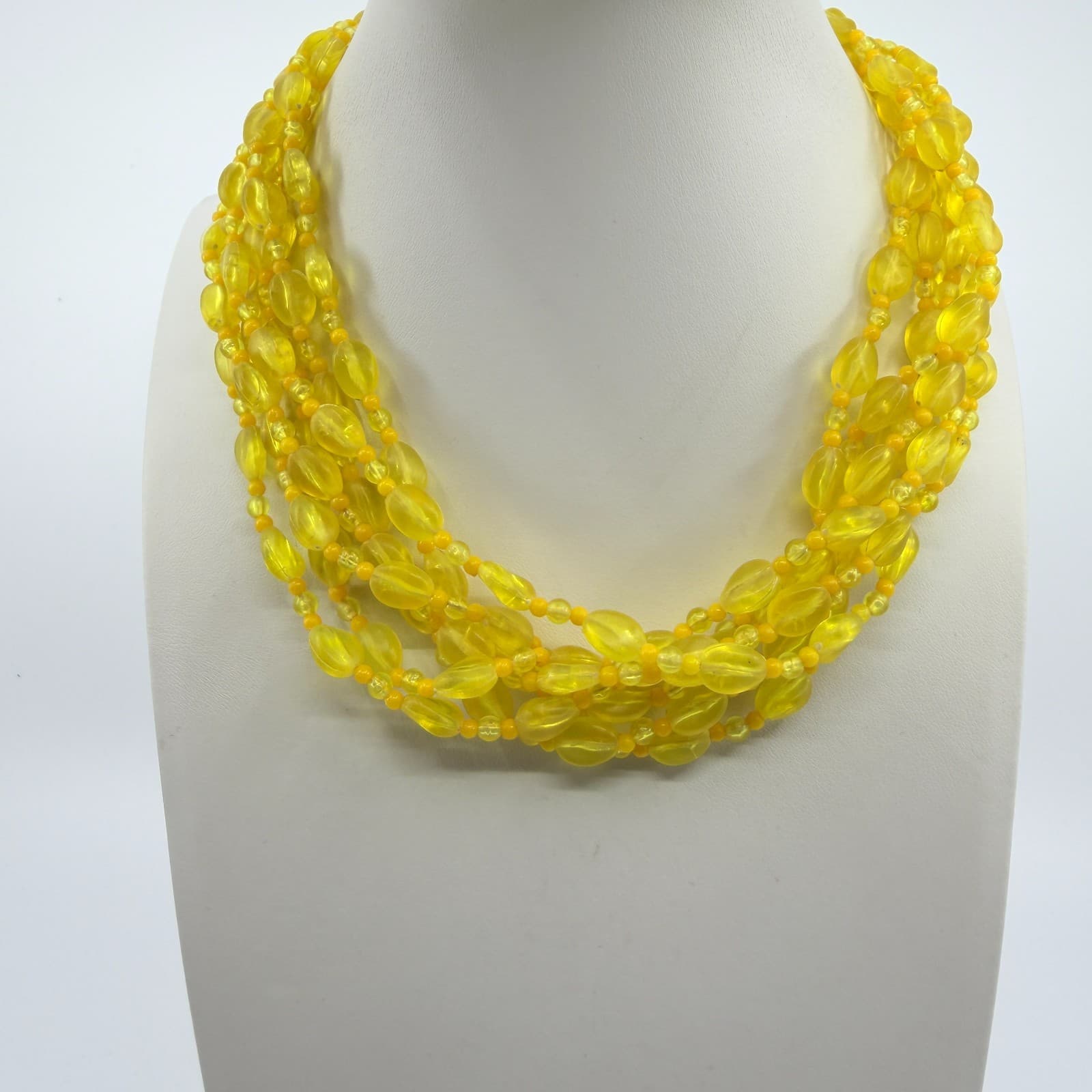 Vintage Yellow Acrylic Bead Multi Strand Necklace Chunky Statement Boho Chic - Thumbnail 7