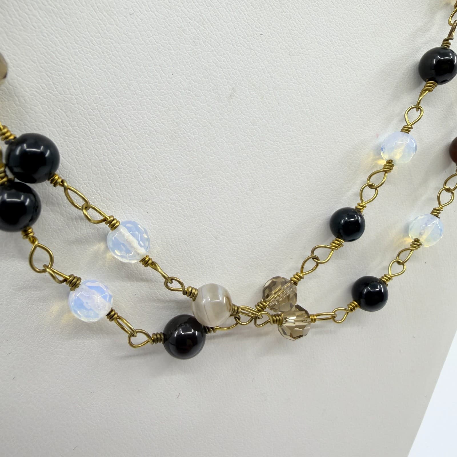 Vintage Gold Tone Multi Strand Beaded Necklace Faux Tiger Eye Opalite Stone Y2K - Thumbnail 5