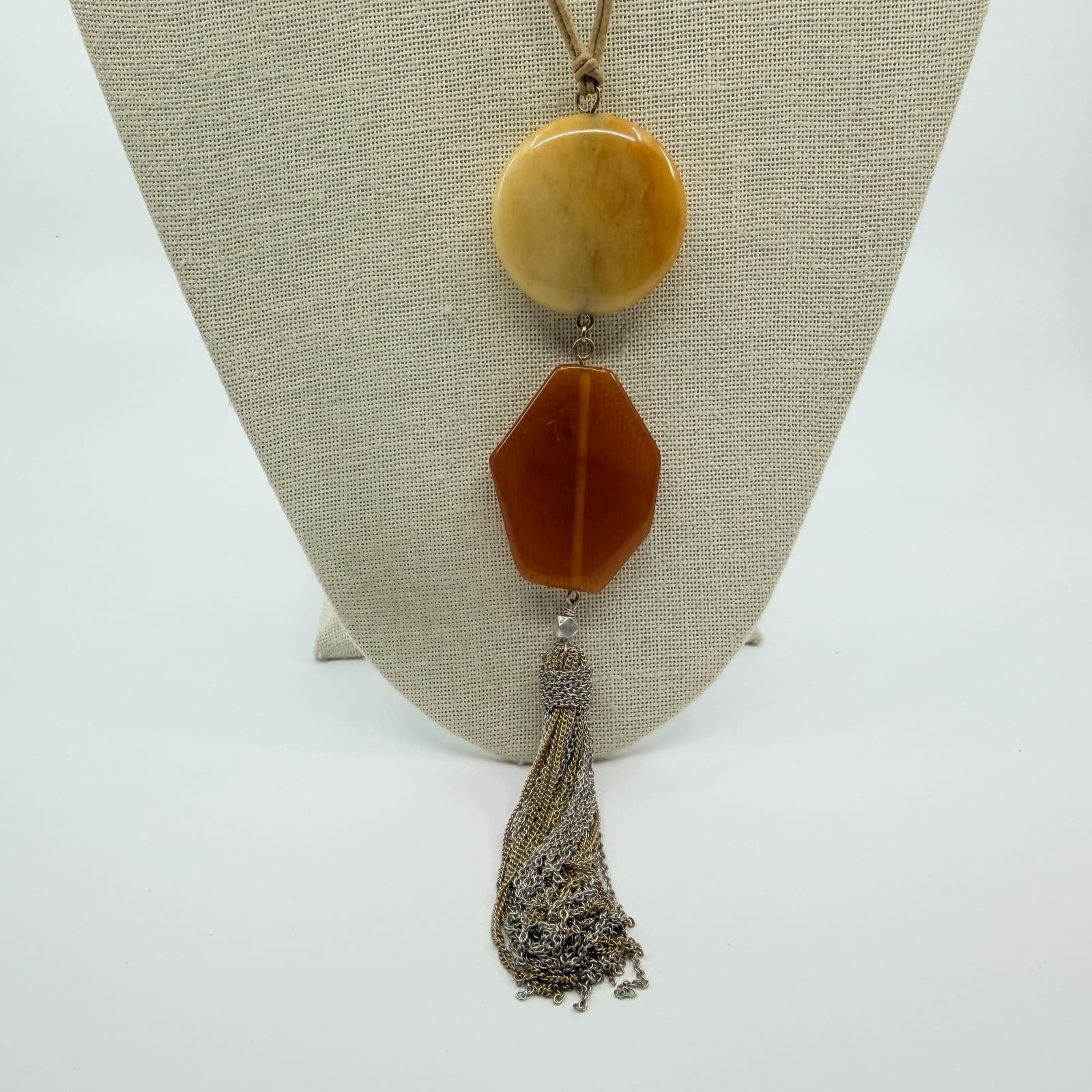 Vintage Tan Cord Orange Stone Resin Pendant Necklace Silver Tassel Boho Artsy - Thumbnail 2