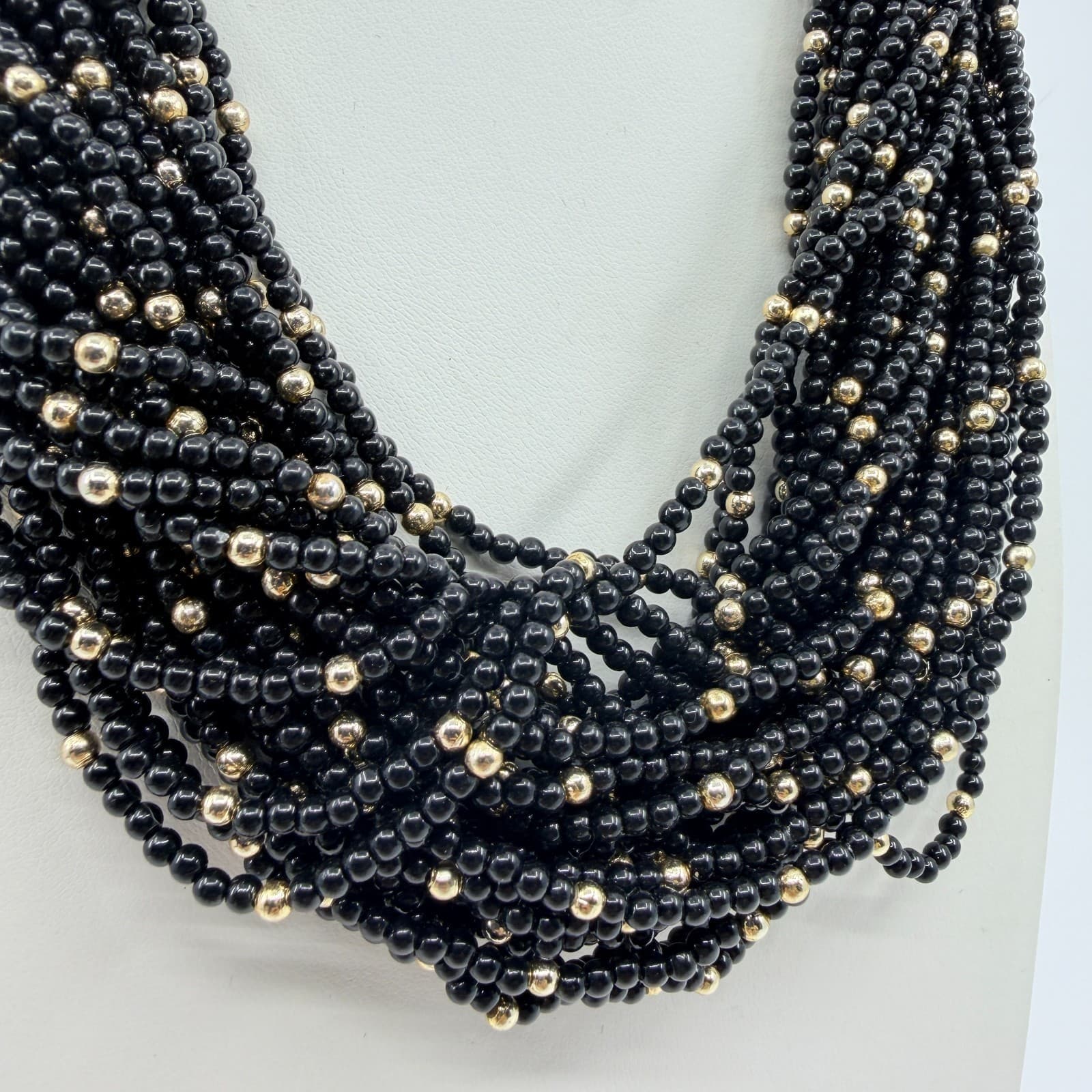 Vintage Black Gold Tone Multi Strand Beaded Necklace Statement Chunky Bold Retro - Thumbnail 3