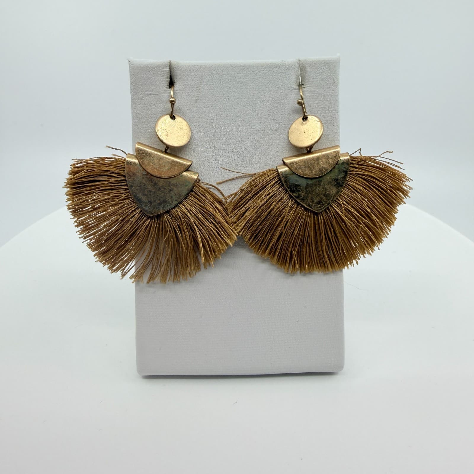 Vintage Gold Tone Tassel Fan Drop Earrings Large Statement Boho Geometric 90s - Thumbnail 5