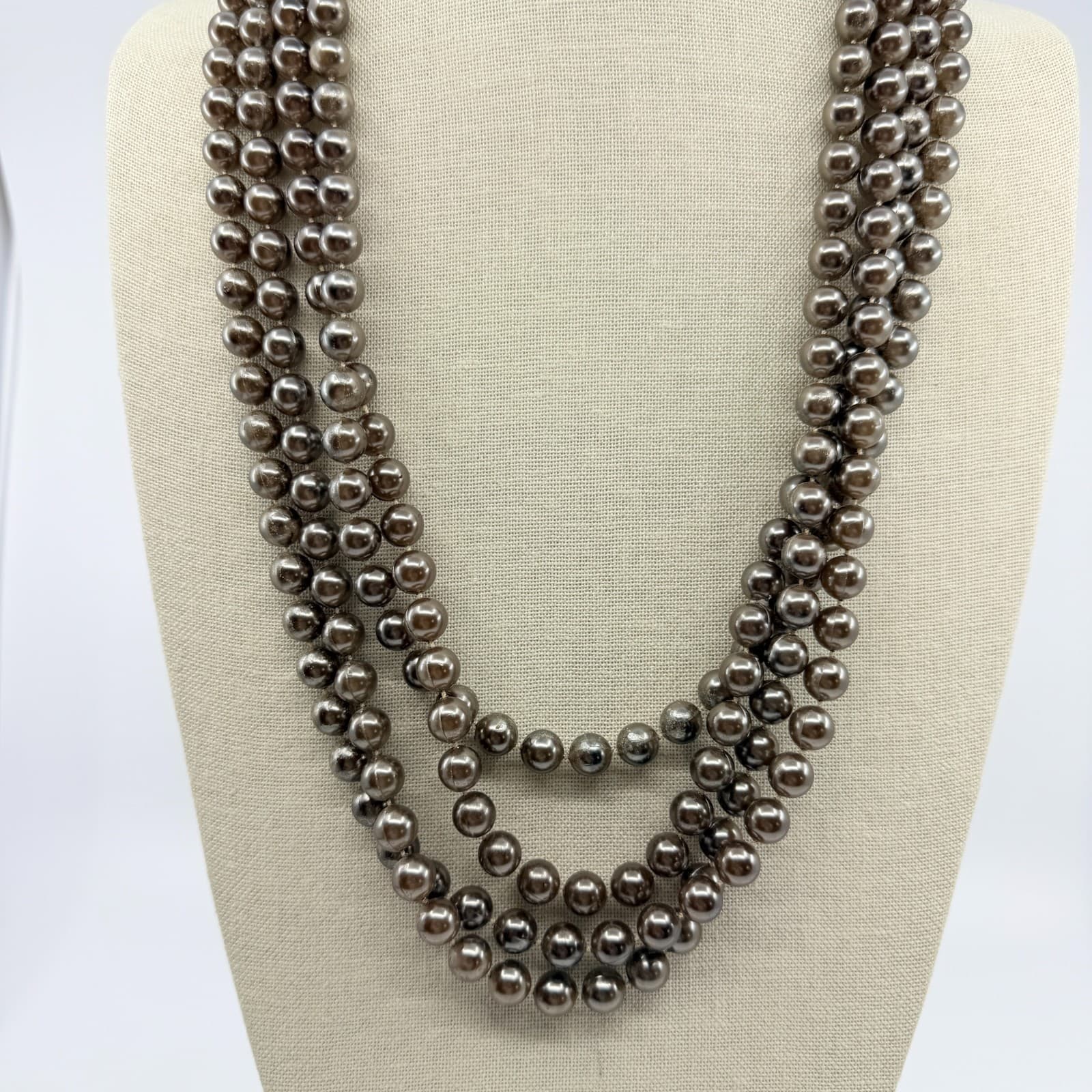 Vintage Gray Faux Pearl Multi Strand Necklace Statement Chunky Layered Retro Y2K - Thumbnail 2