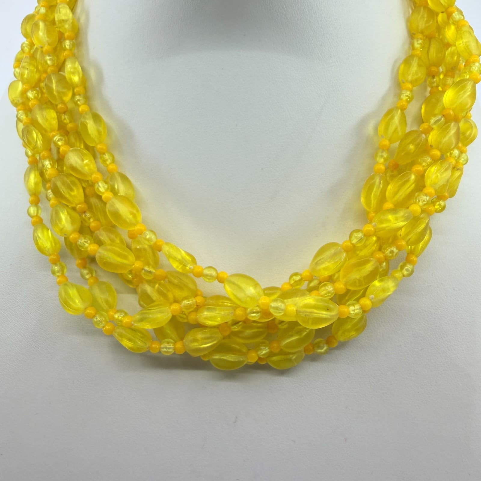 Vintage Yellow Acrylic Bead Multi Strand Necklace Chunky Statement Boho Chic - Thumbnail 2