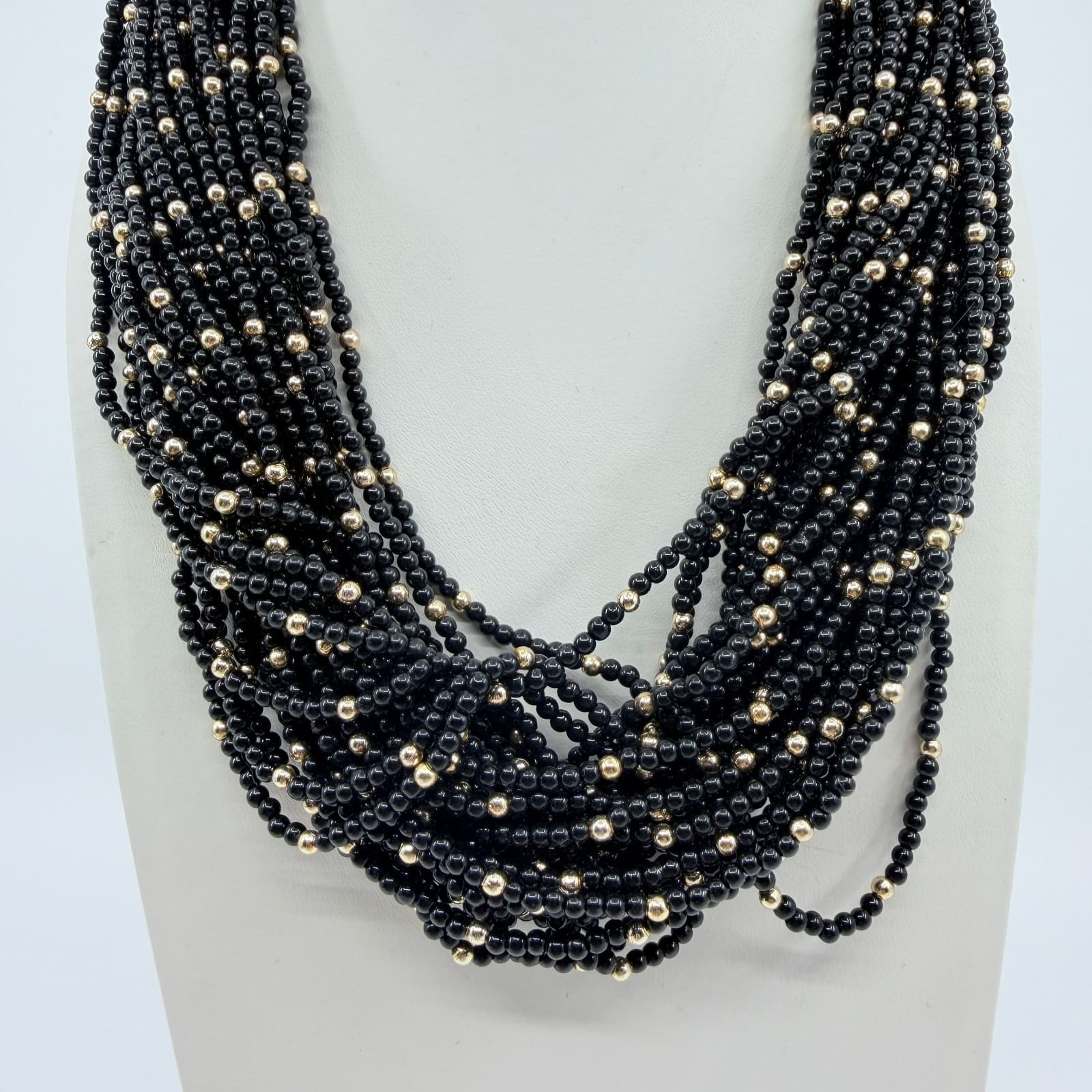 Vintage Black Gold Tone Multi Strand Beaded Necklace Statement Chunky Bold Retro - Thumbnail 5