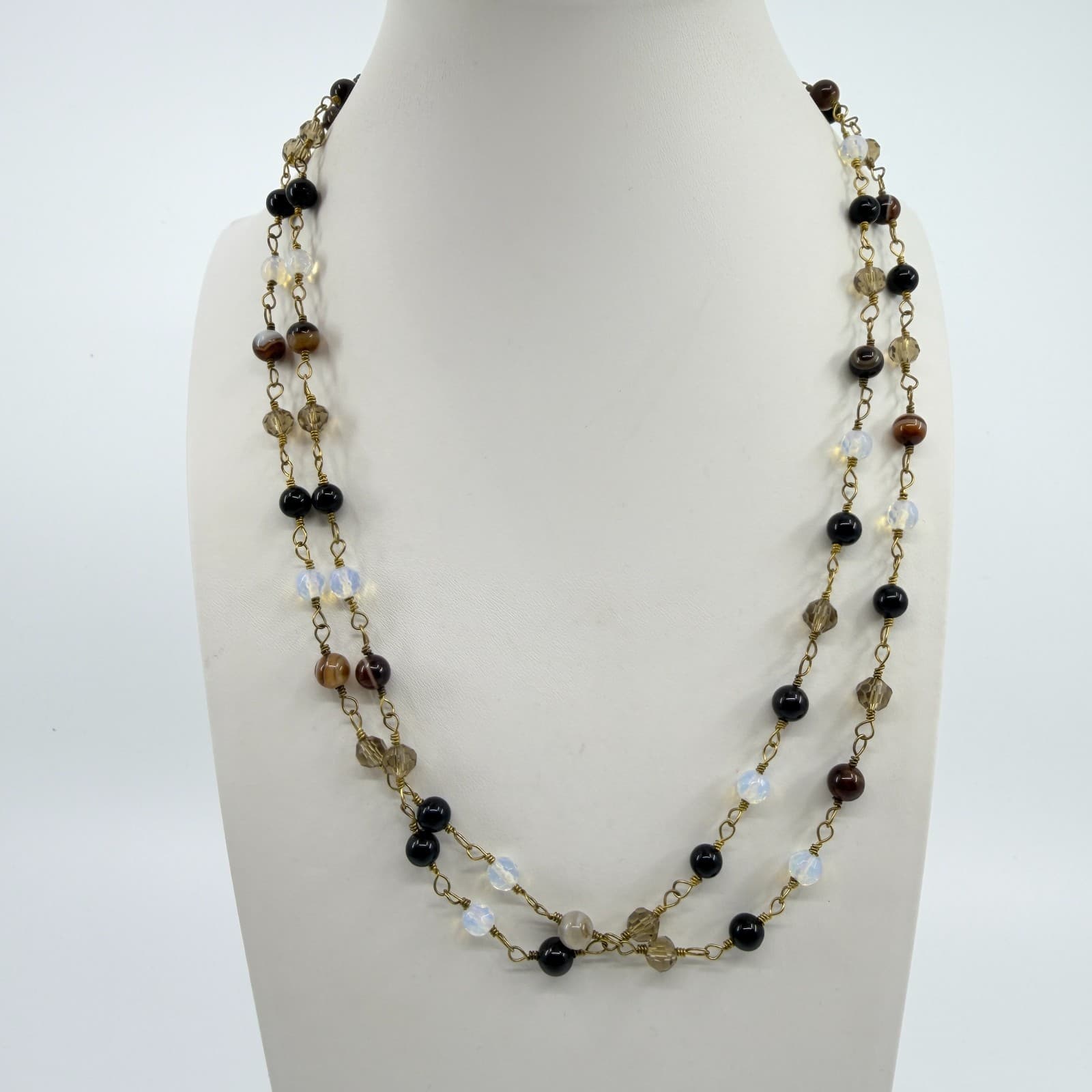 Vintage Gold Tone Multi Strand Beaded Necklace Faux Tiger Eye Opalite Stone Y2K - Thumbnail 3