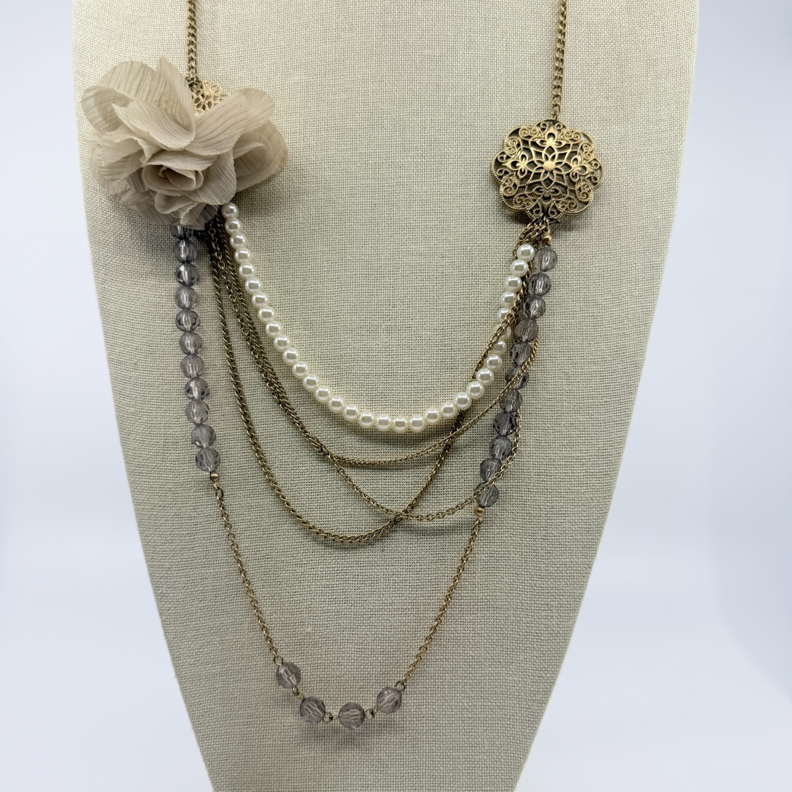 Vintage Gold Tone Multi Strand Statement Necklace Chiffon Flower Faux Pearl Y2K - Thumbnail 9