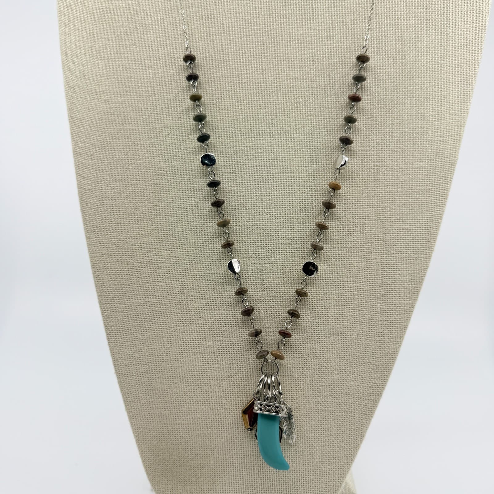 Vintage Silver Tone Boho Tribal Faux Turquoise Tooth Pendant Feather Bead Retro - Thumbnail 3