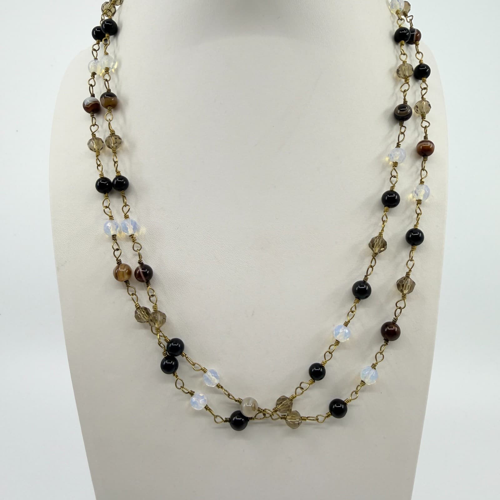 Vintage Gold Tone Multi Strand Beaded Necklace Faux Tiger Eye Opalite Stone Y2K - Thumbnail 2