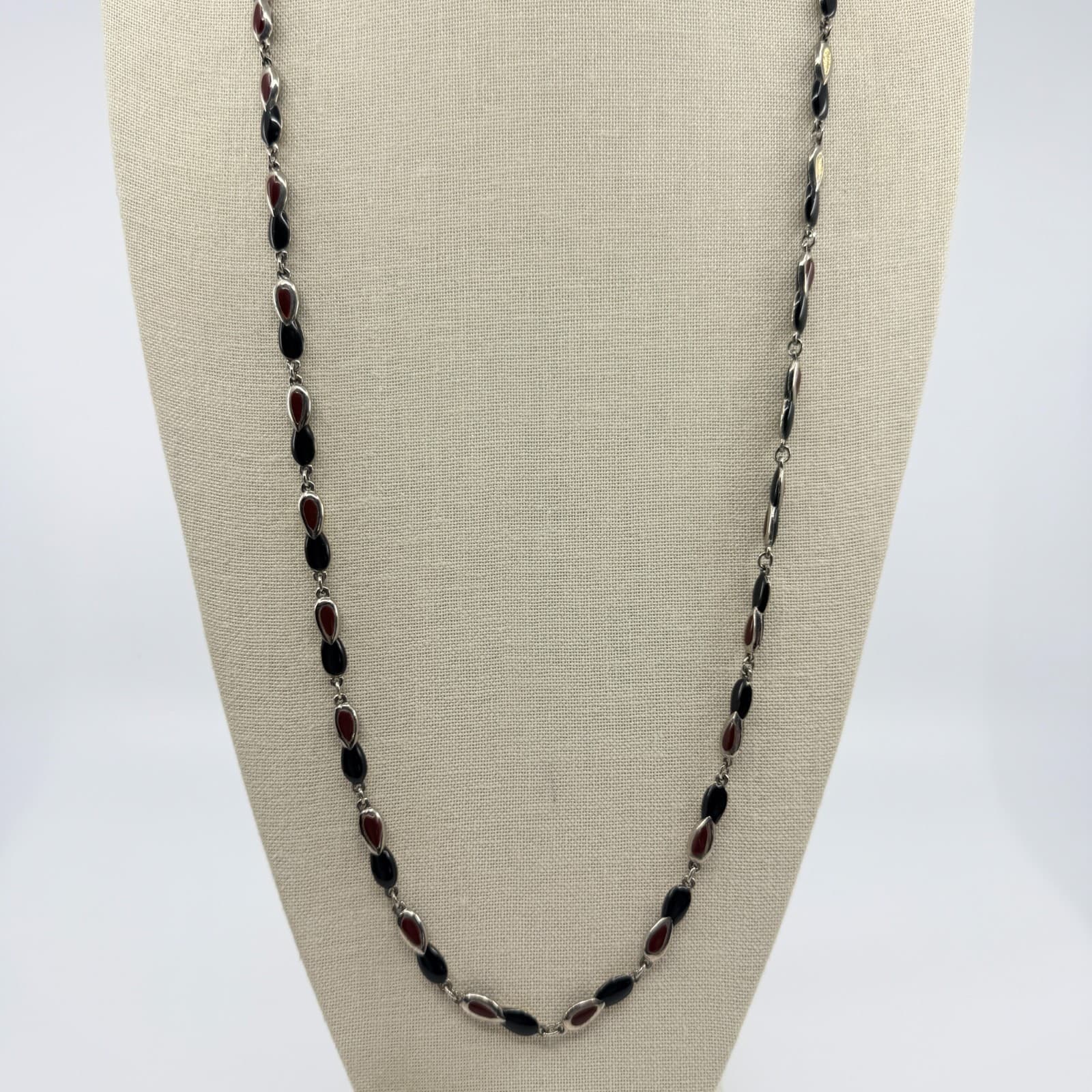 Vintage Silver Tone Station Necklace Black Burgundy Teardrop Link Long Boho Y2K - Thumbnail 3
