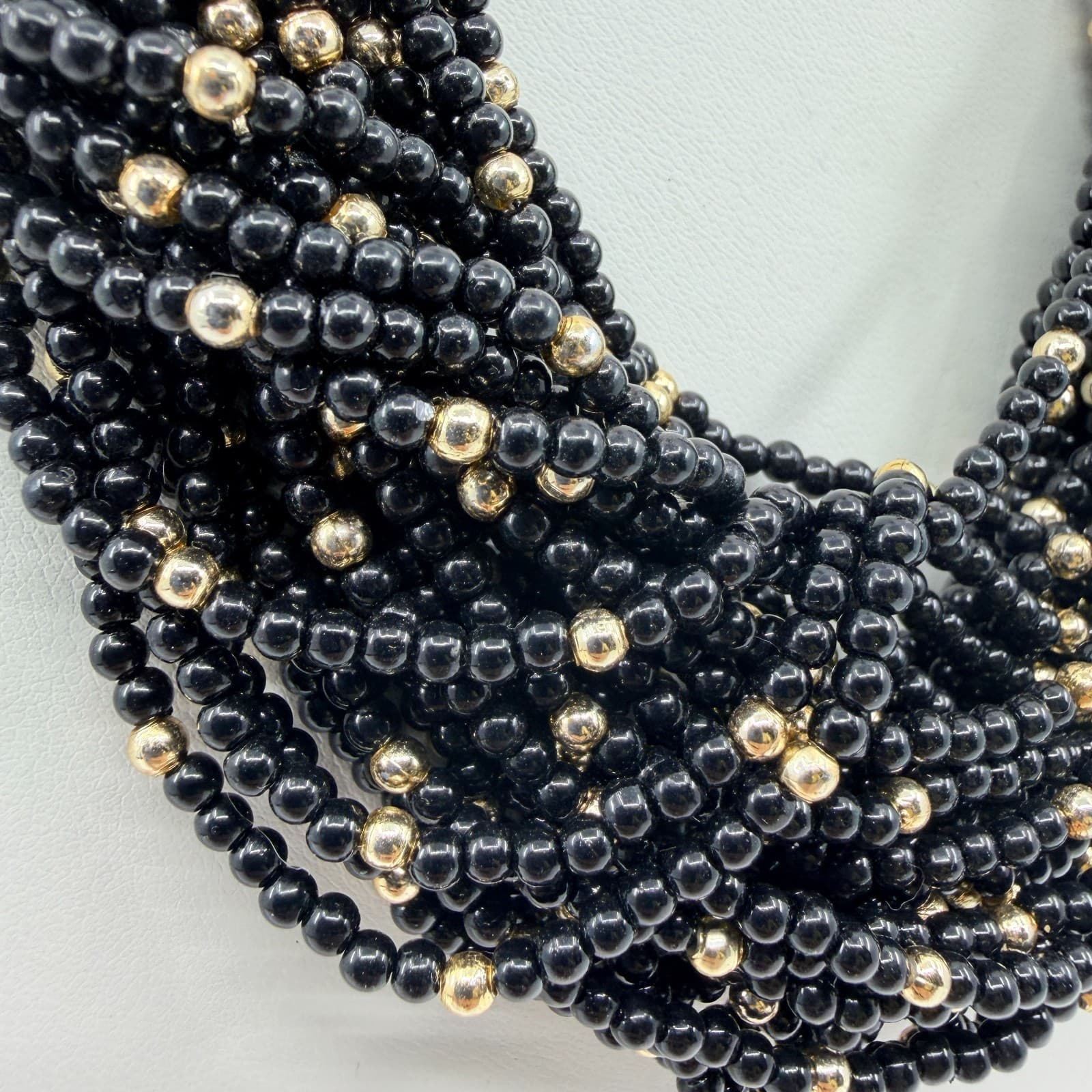 Vintage Black Gold Tone Multi Strand Beaded Necklace Statement Chunky Bold Retro - Thumbnail 4