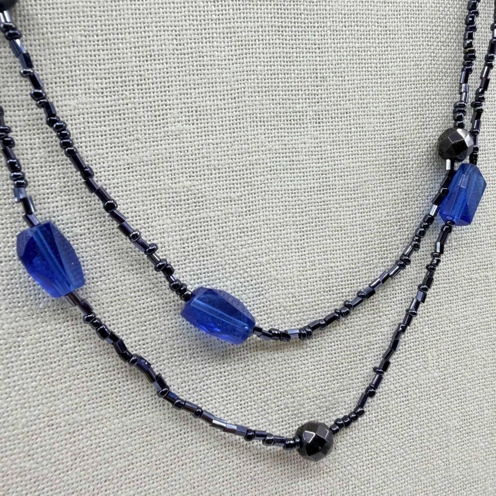 Vintage Black Seed Bead Double Strand Necklace Blue Crystal Black Pearl Accents - Thumbnail 5
