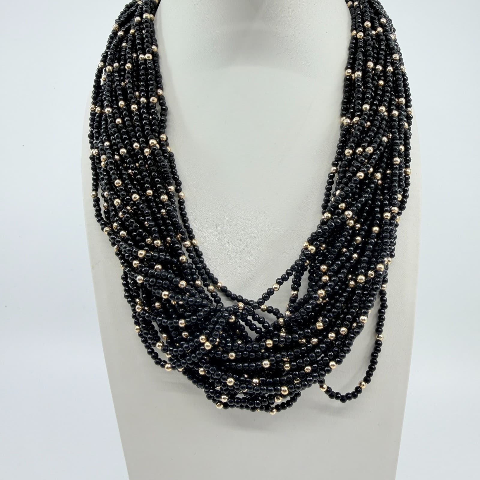 Vintage Black Gold Tone Multi Strand Beaded Necklace Statement Chunky Bold Retro - Thumbnail 6