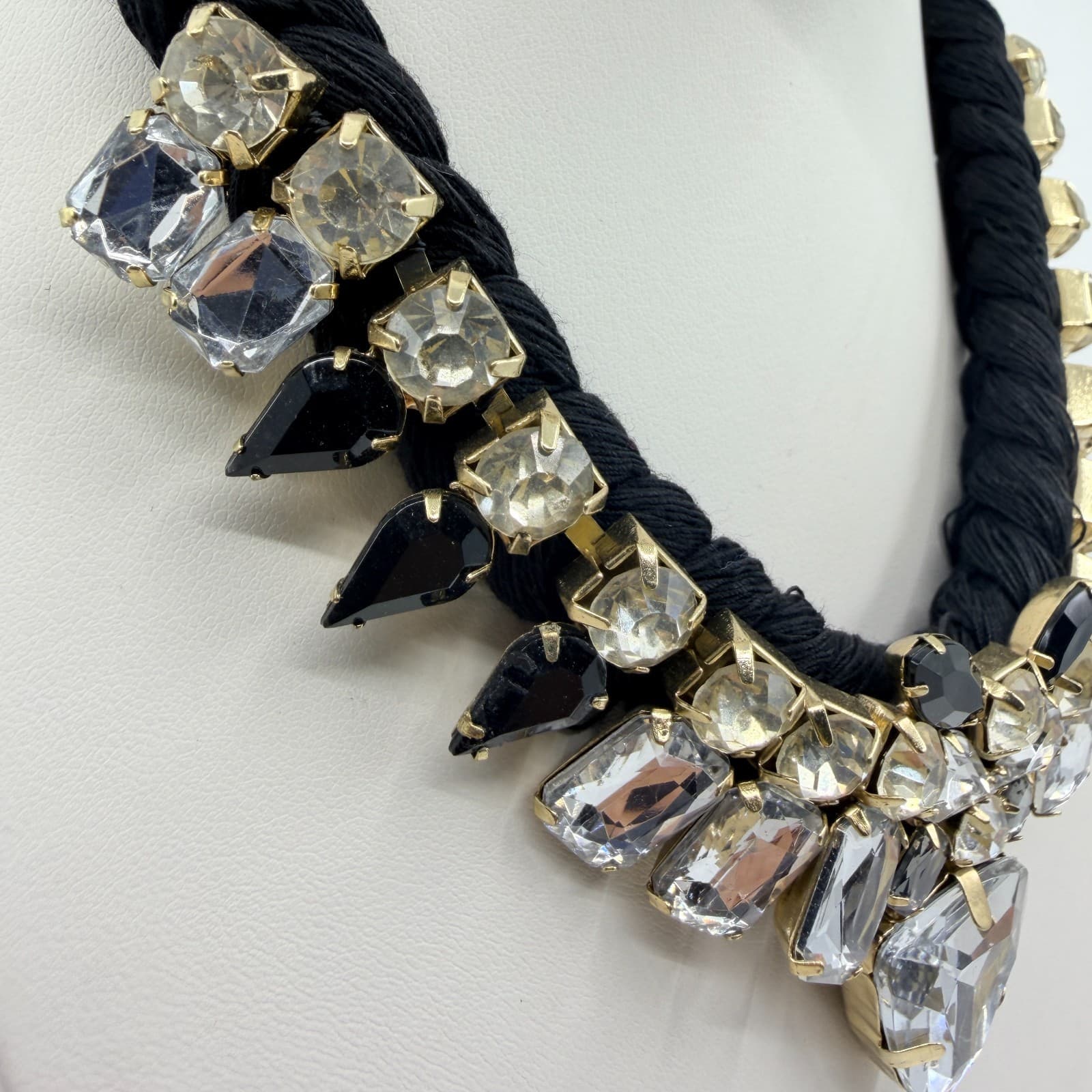 Vintage Black Braided Rope Bib Necklace Clear Black Crystal Rhinestone Statement - Thumbnail 5
