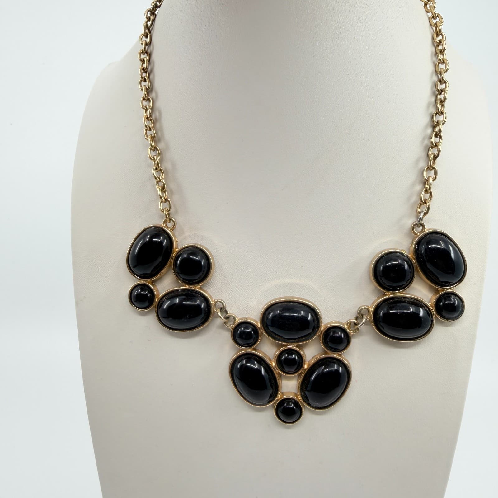 Vintage Gold Tone Black Acrylic Cabochon Bib Statement Necklace Bold Chunky Y2K - Thumbnail 10
