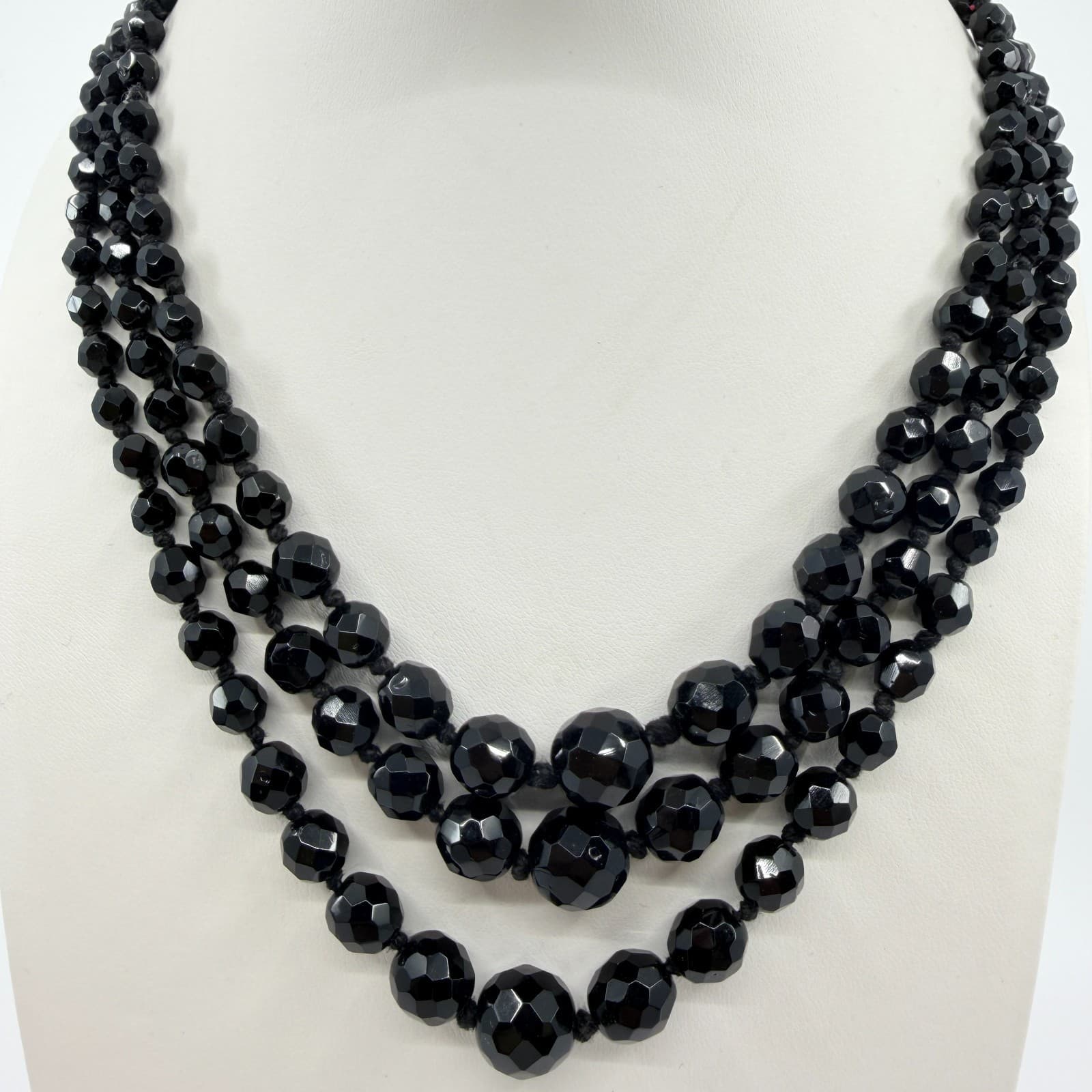 Vintage Triple Strand Black Faceted Graduated Bead Necklace MCM Retro Chic - Thumbnail 2