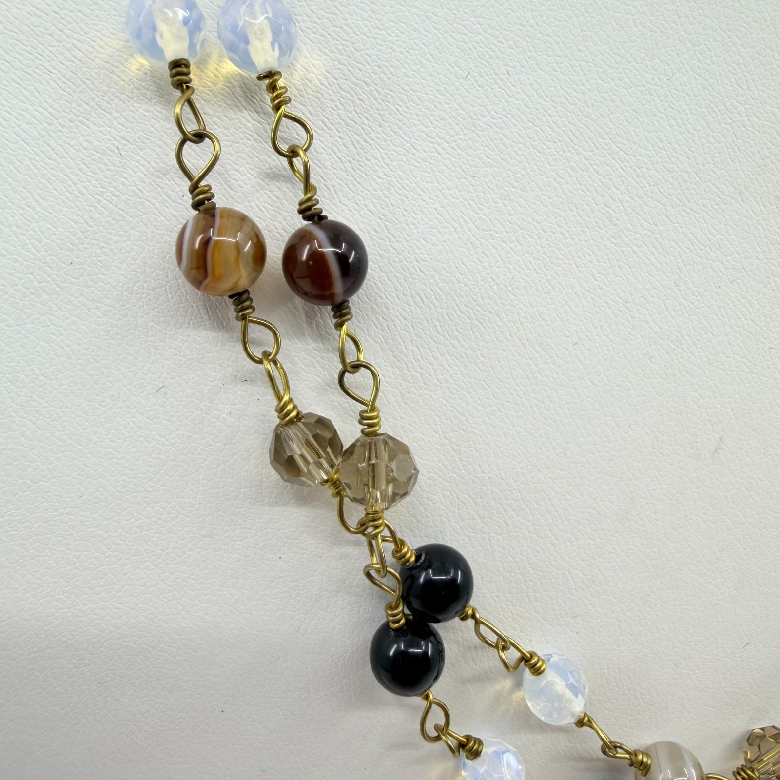 Vintage Gold Tone Multi Strand Beaded Necklace Faux Tiger Eye Opalite Stone Y2K - Thumbnail 4
