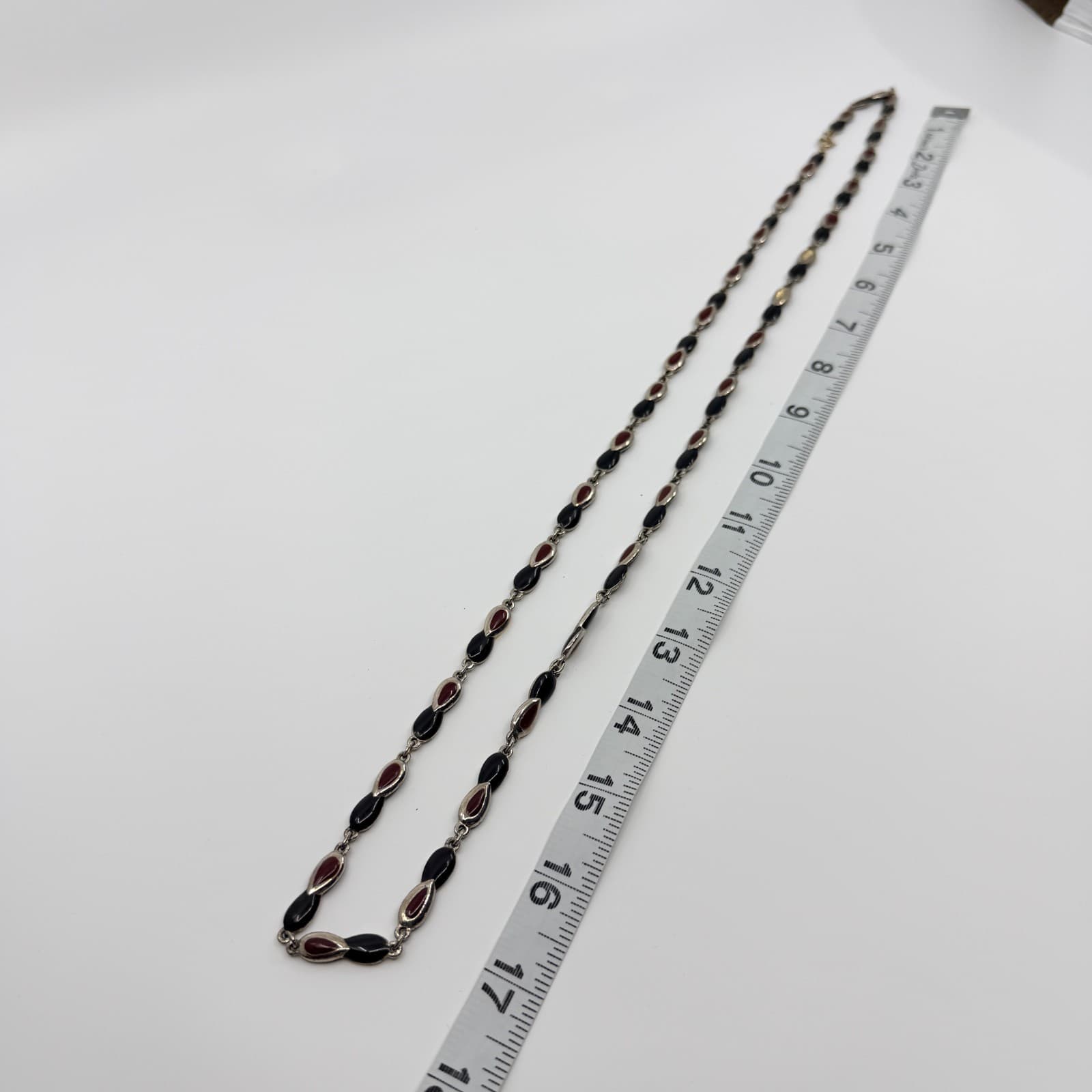 Vintage Silver Tone Station Necklace Black Burgundy Teardrop Link Long Boho Y2K - Thumbnail 9
