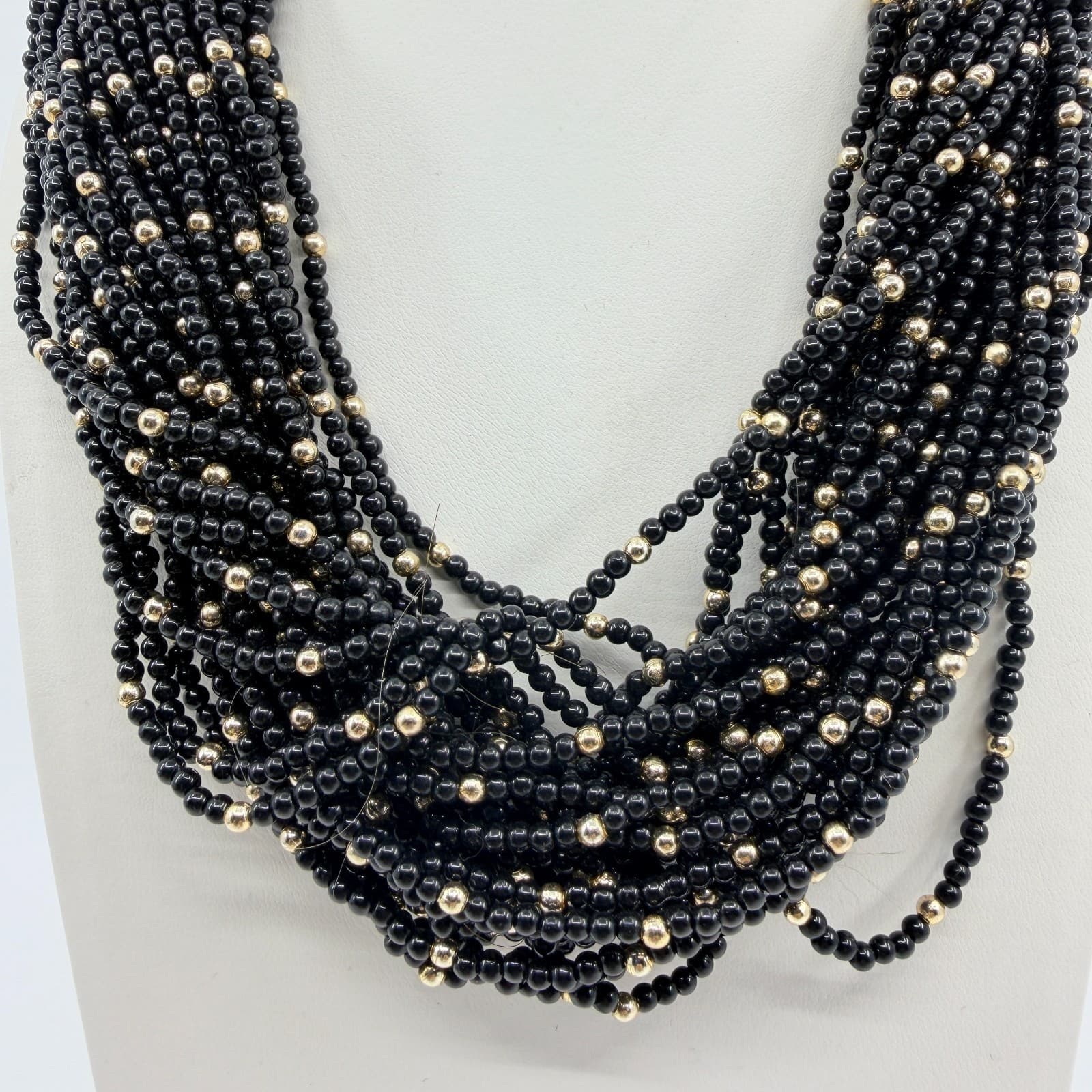 Vintage Black Gold Tone Multi Strand Beaded Necklace Statement Chunky Bold Retro - Thumbnail 2