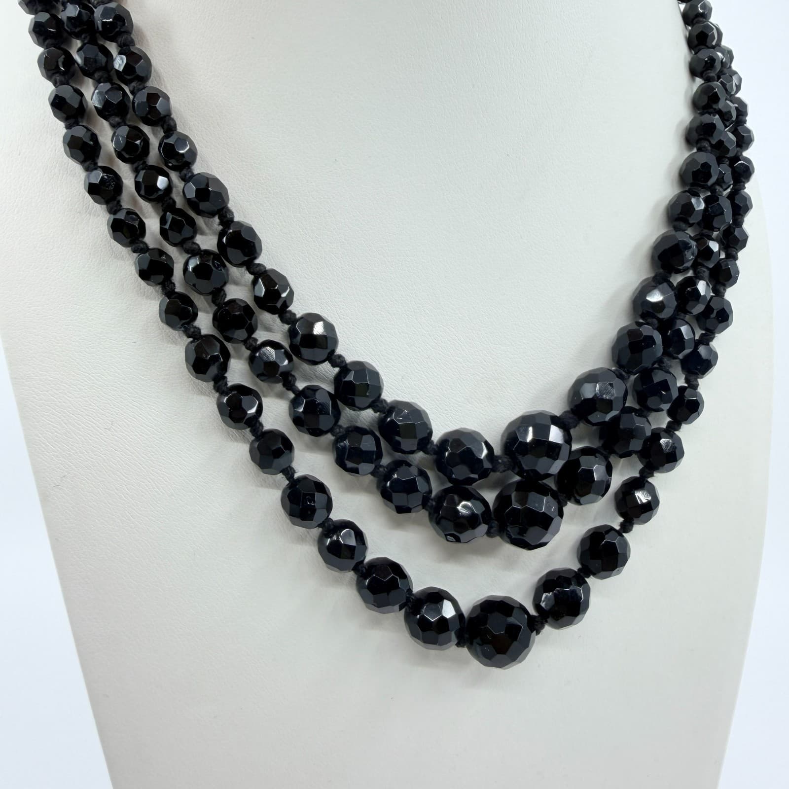 Vintage Triple Strand Black Faceted Graduated Bead Necklace MCM Retro Chic - Thumbnail 5