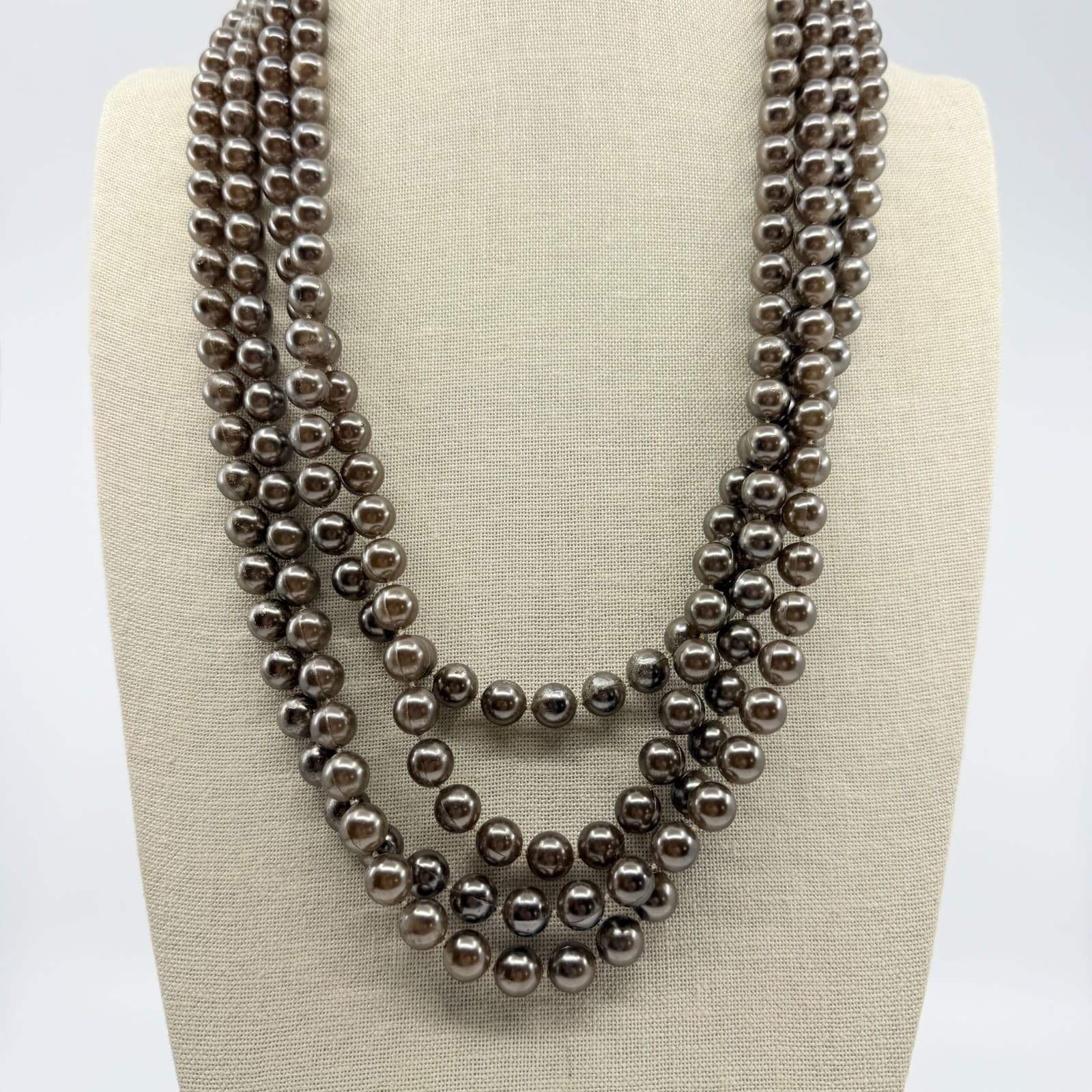 Vintage Gray Faux Pearl Multi Strand Necklace Statement Chunky Layered Retro Y2K - Thumbnail 3