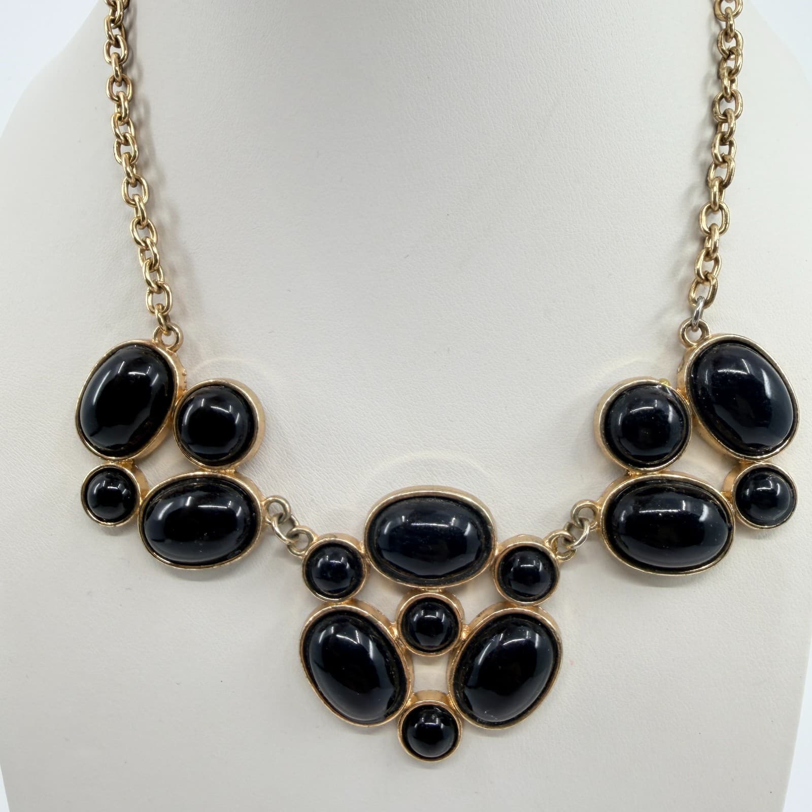 Vintage Gold Tone Black Acrylic Cabochon Bib Statement Necklace Bold Chunky Y2K - Thumbnail 4